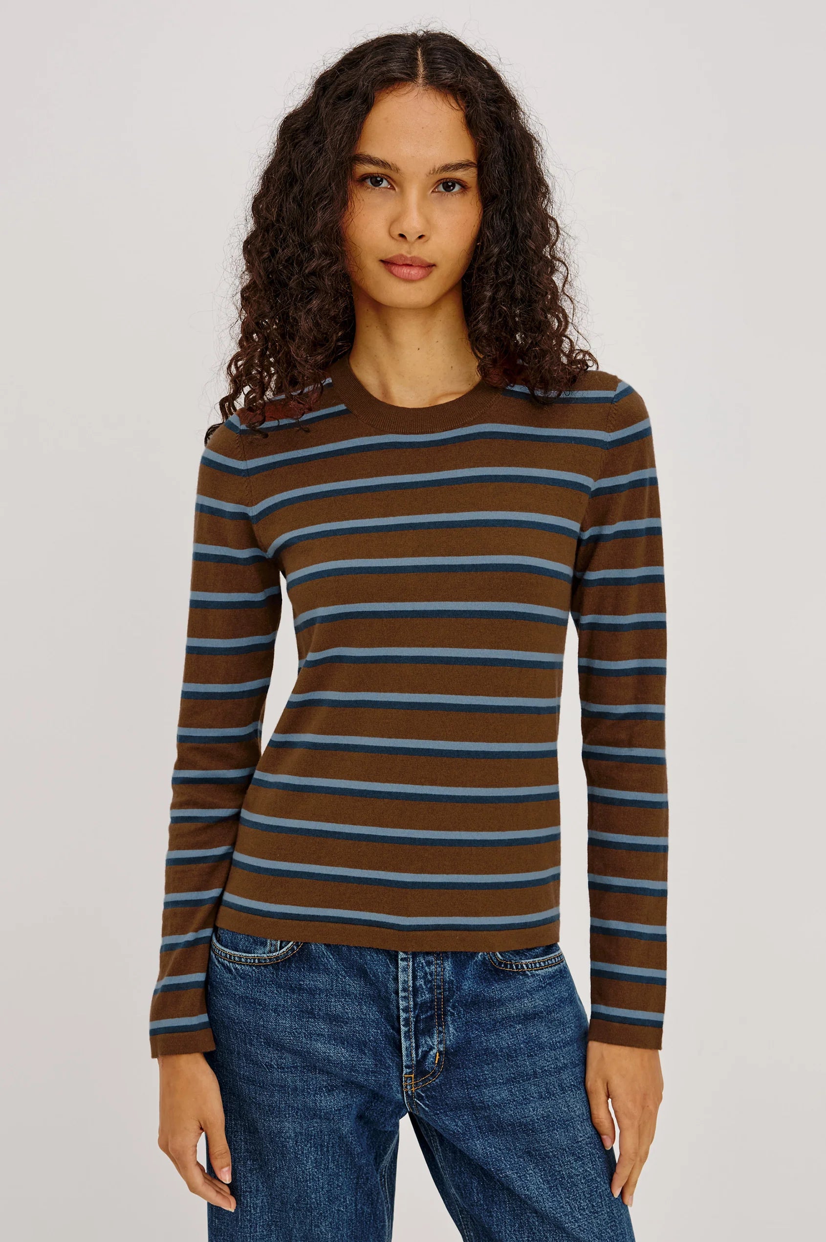 Davie Cotton Cashmere Long Sleeve Tee - Mocha Stripe