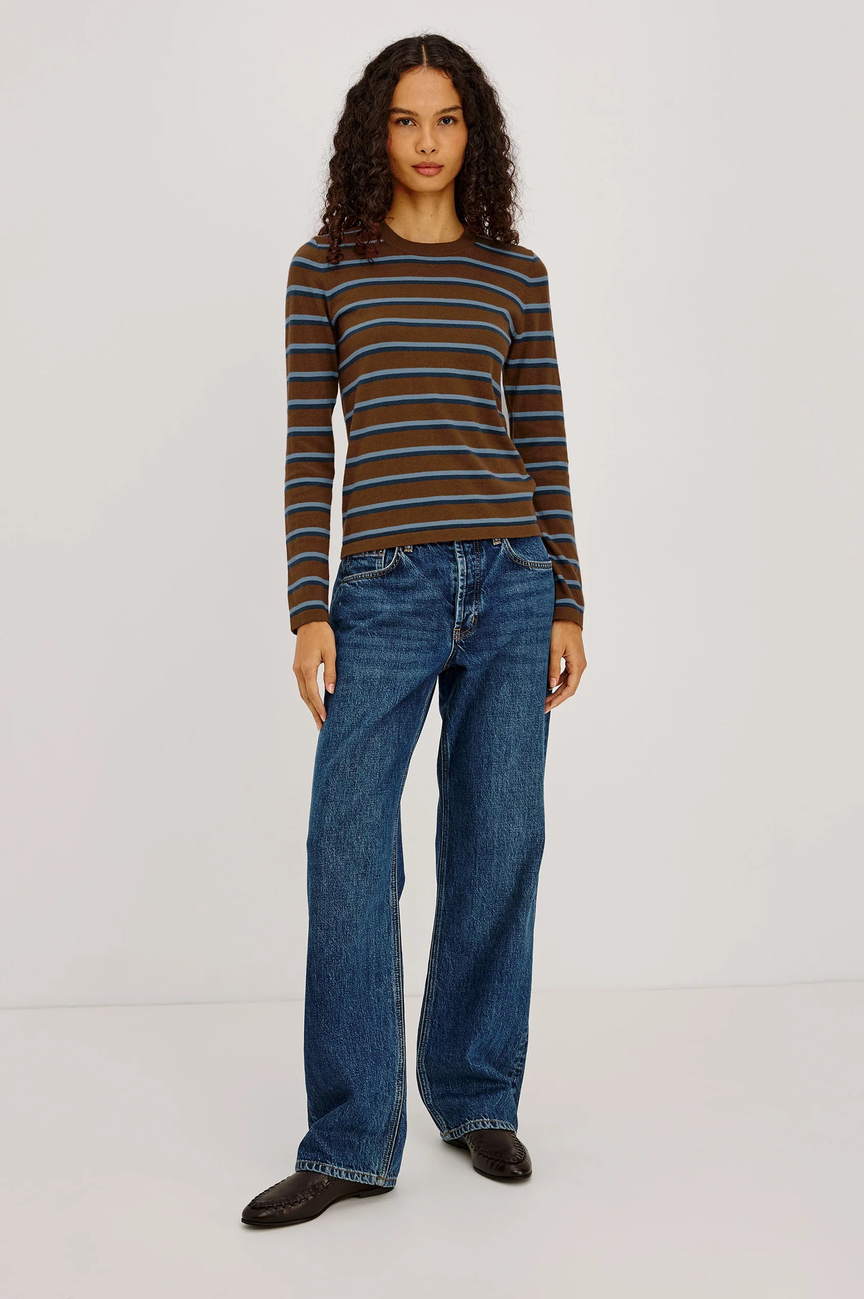 Davie Cotton Cashmere Long Sleeve Tee - Mocha Stripe