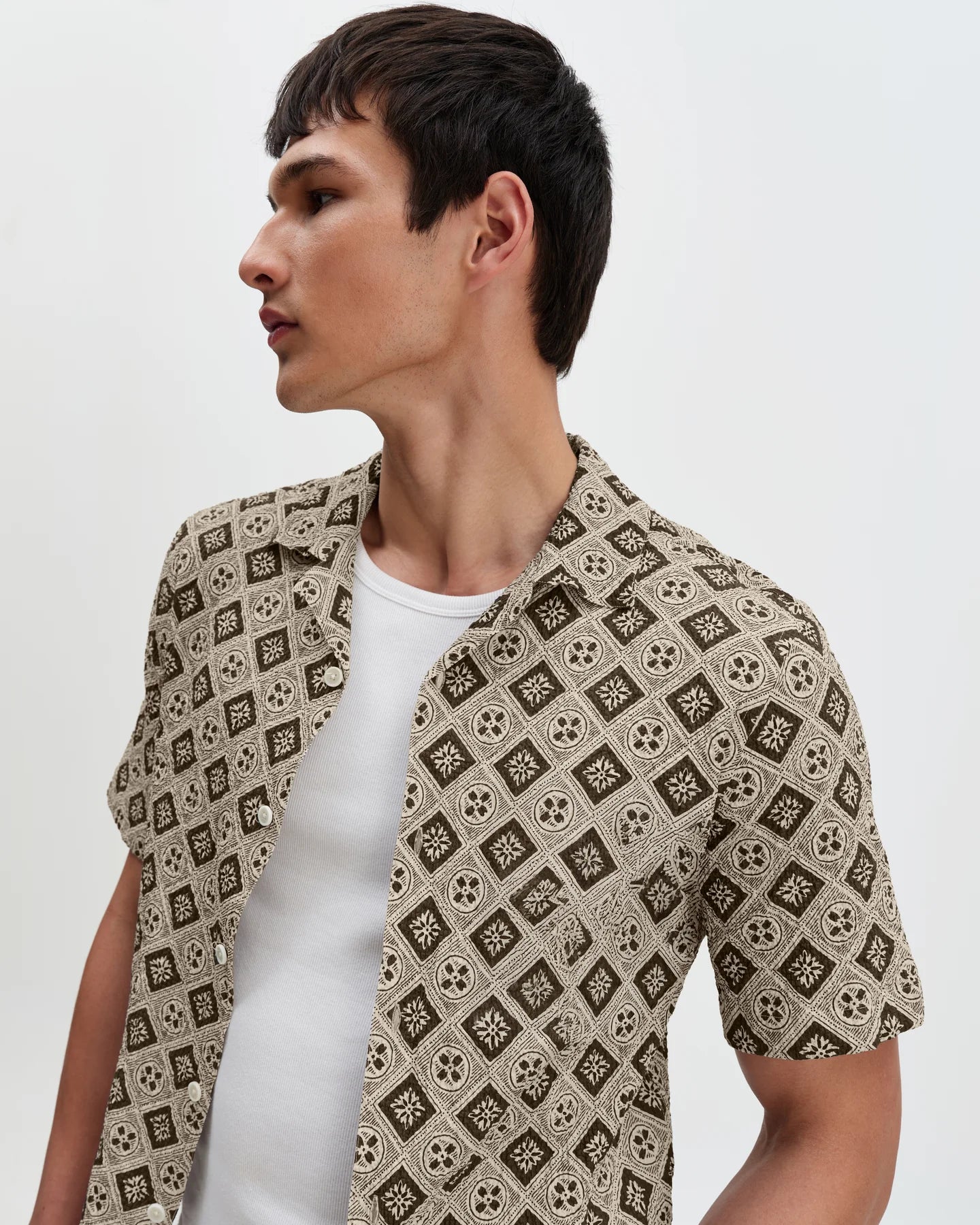 Didcot Short Sleeve Shirt - Cotton Tile Print - Ecru / Black