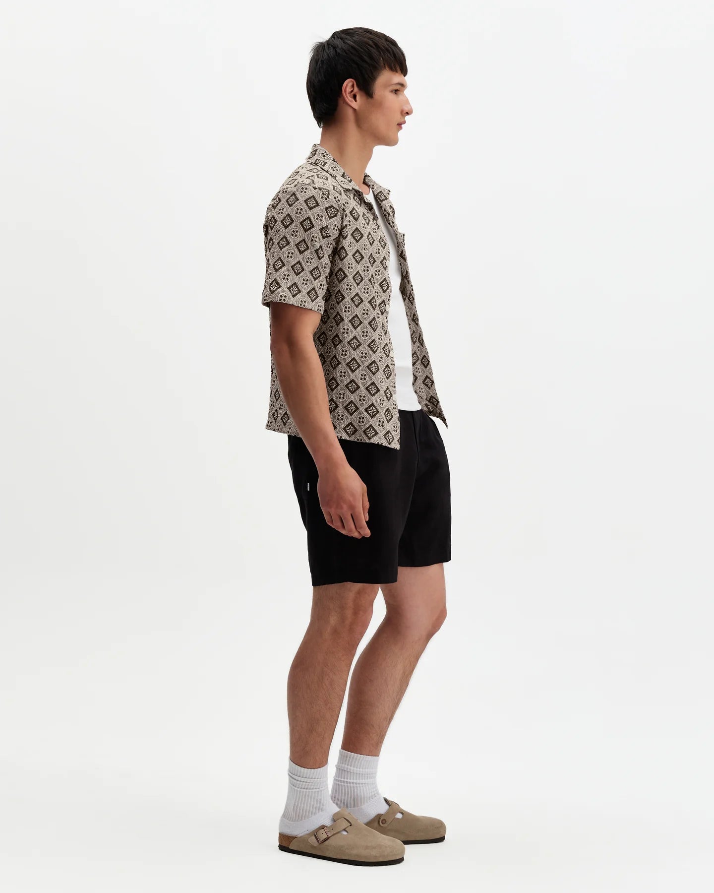 Didcot Short Sleeve Shirt - Cotton Tile Print - Ecru / Black