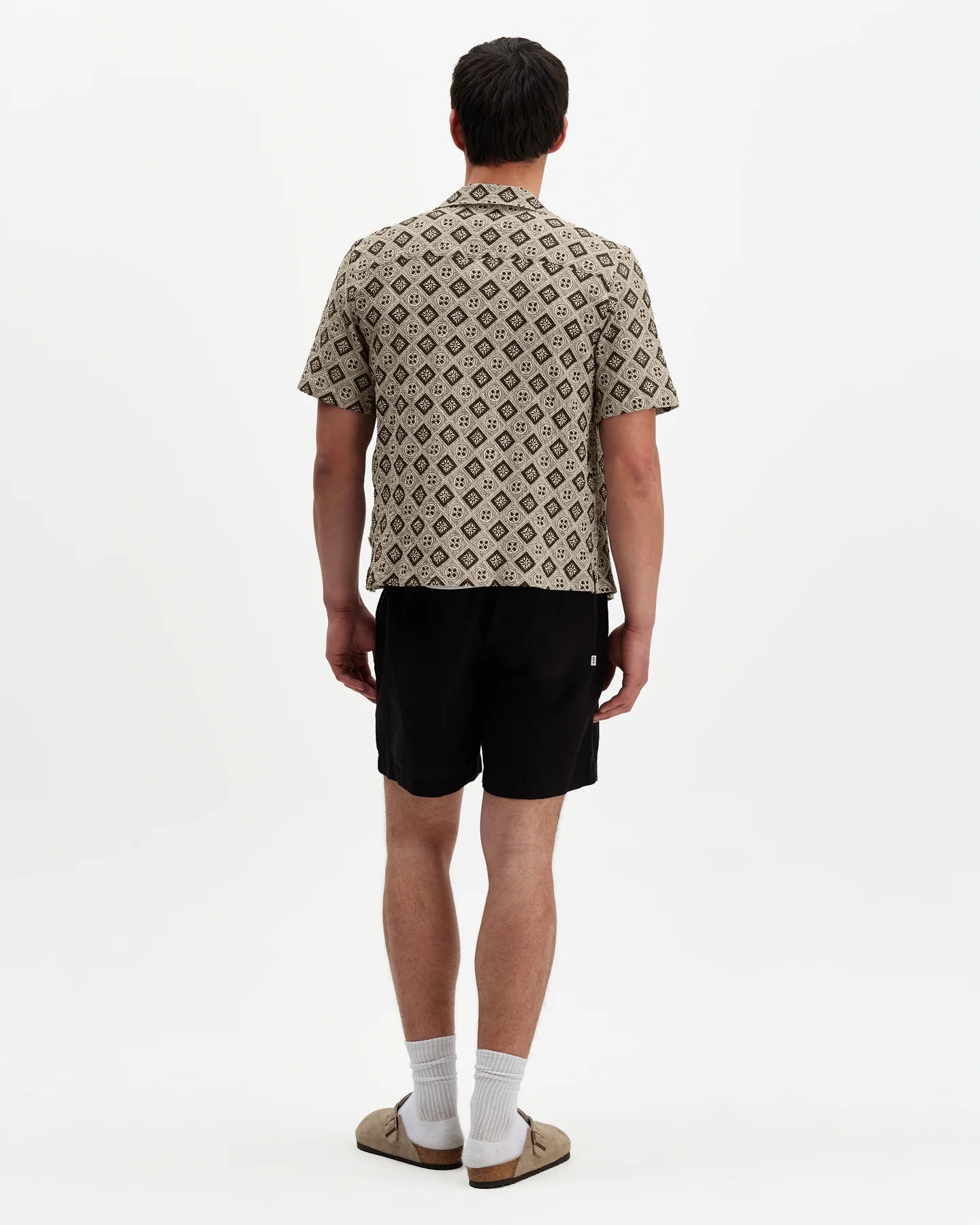 Didcot Short Sleeve Shirt - Cotton Tile Print - Ecru / Black