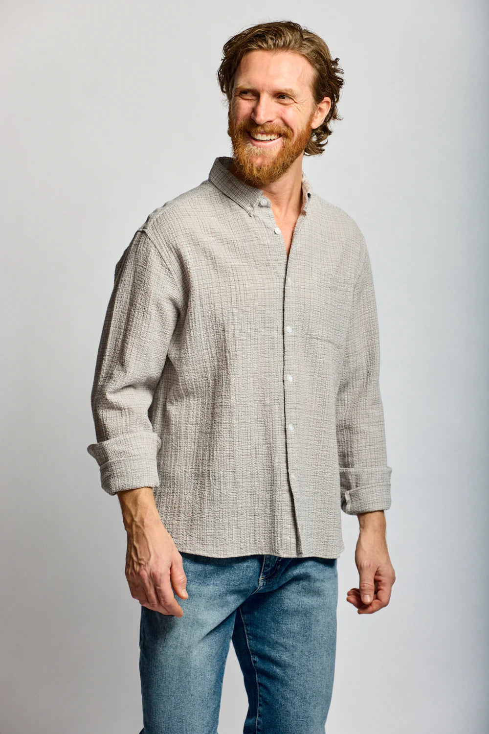 Crinkle Plaid Button Down - Stone