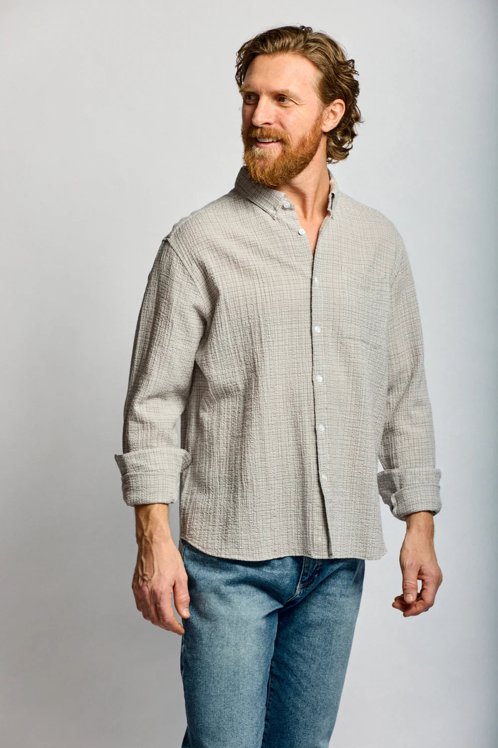 Crinkle Plaid Button Down - Stone