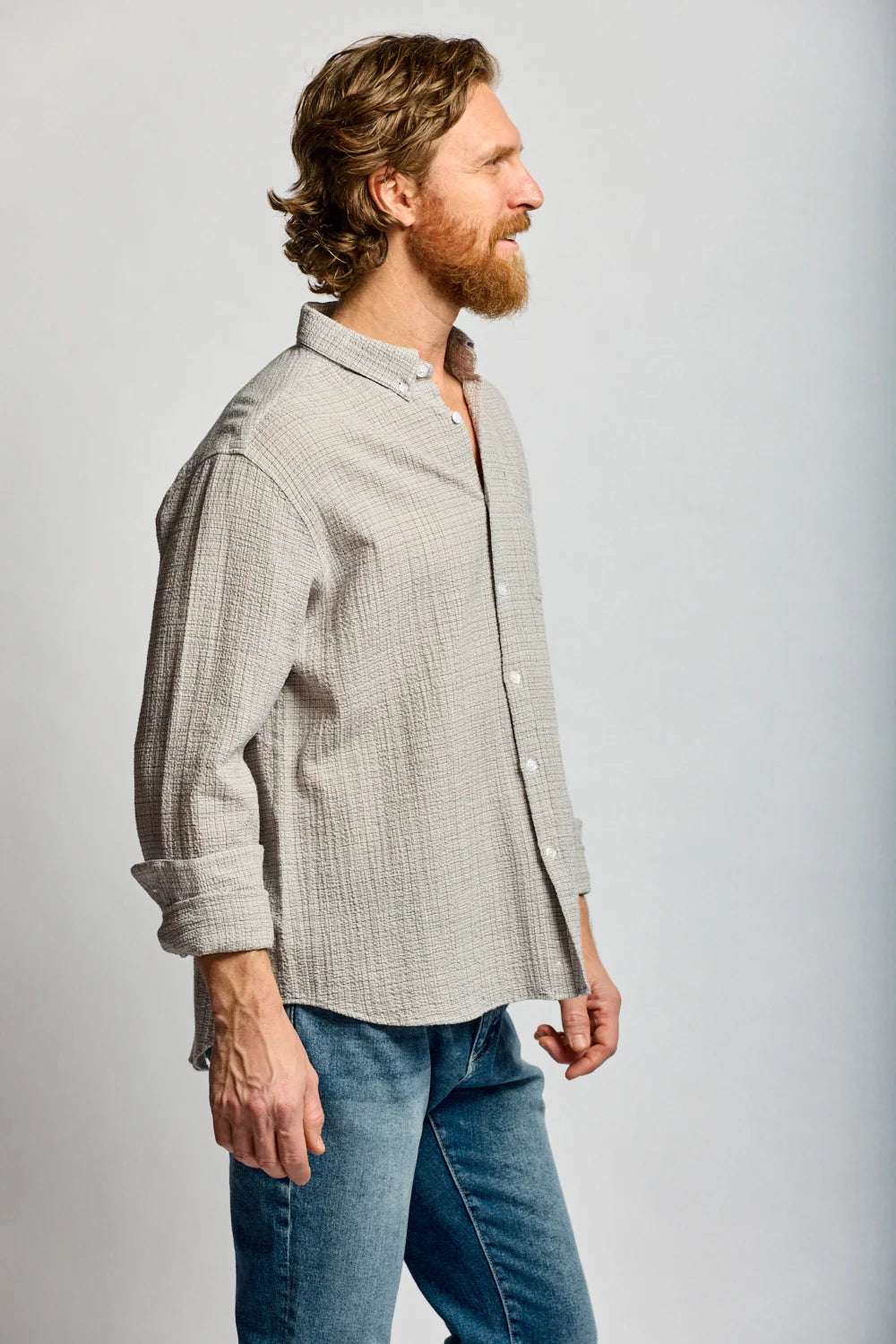 Crinkle Plaid Button Down - Stone