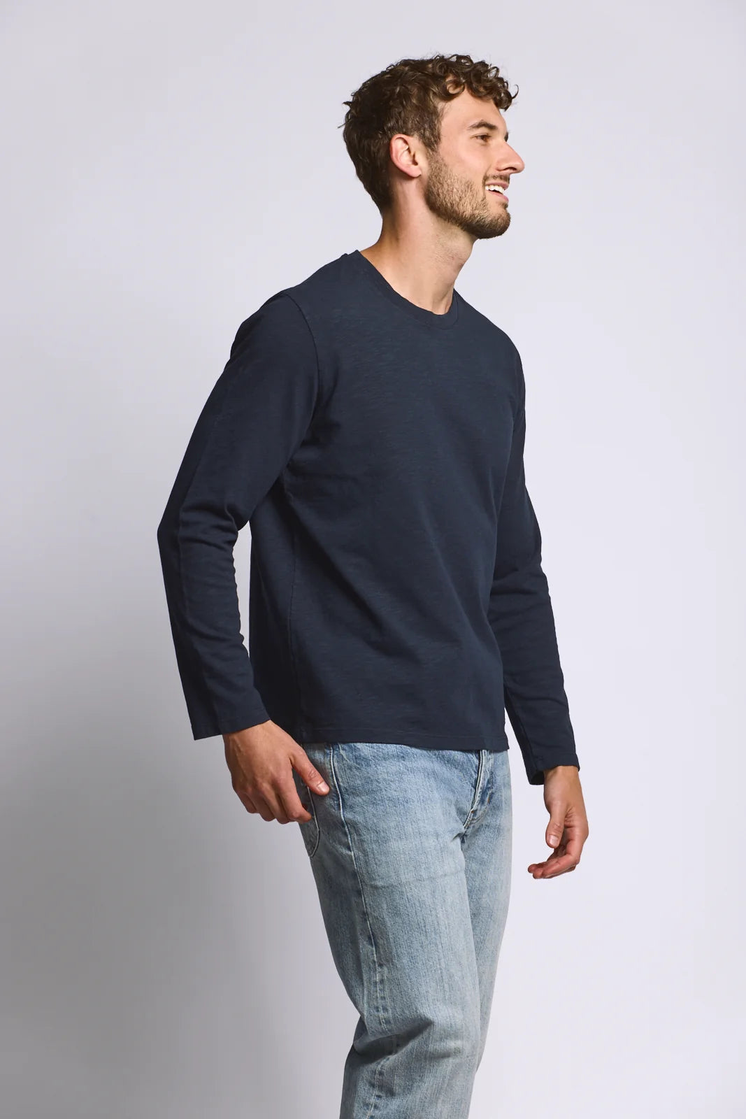 Long Sleeve Slub Cotton T-Shirt - Navy