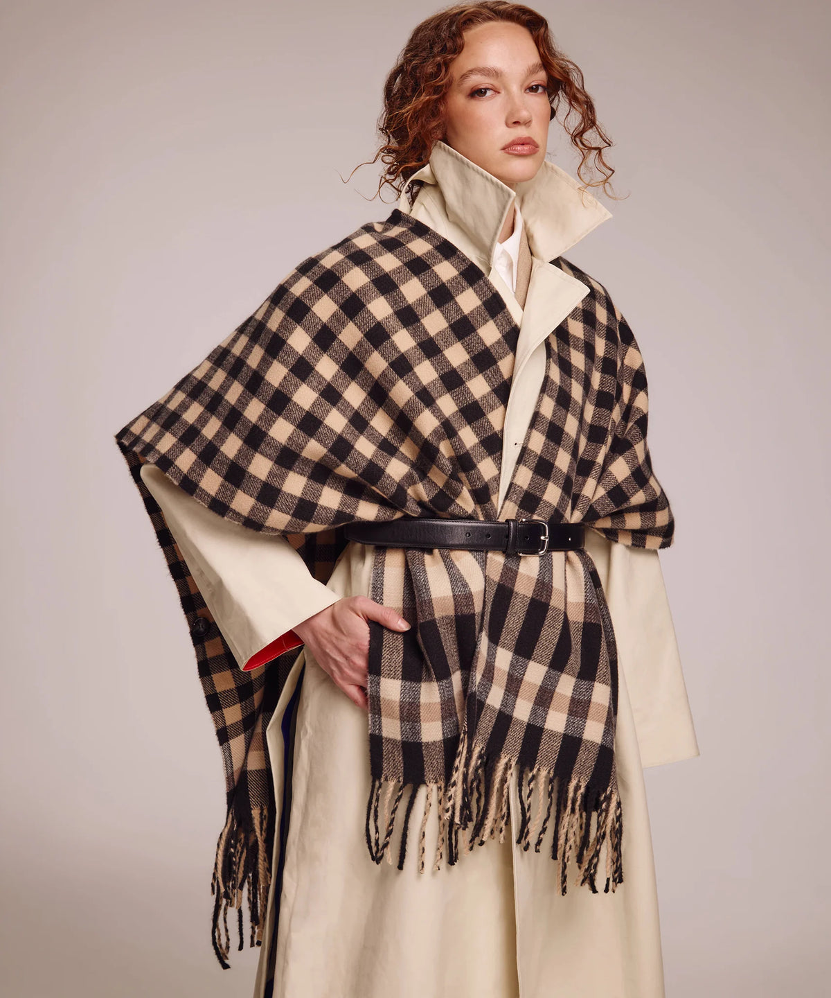 Bordered Check Ruana - Black