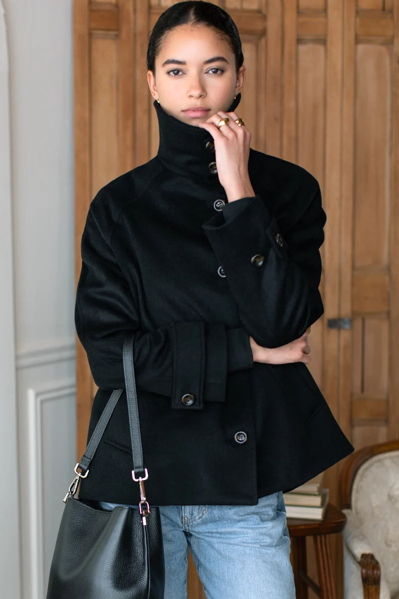 Funnel Neck Coat - Black Wool