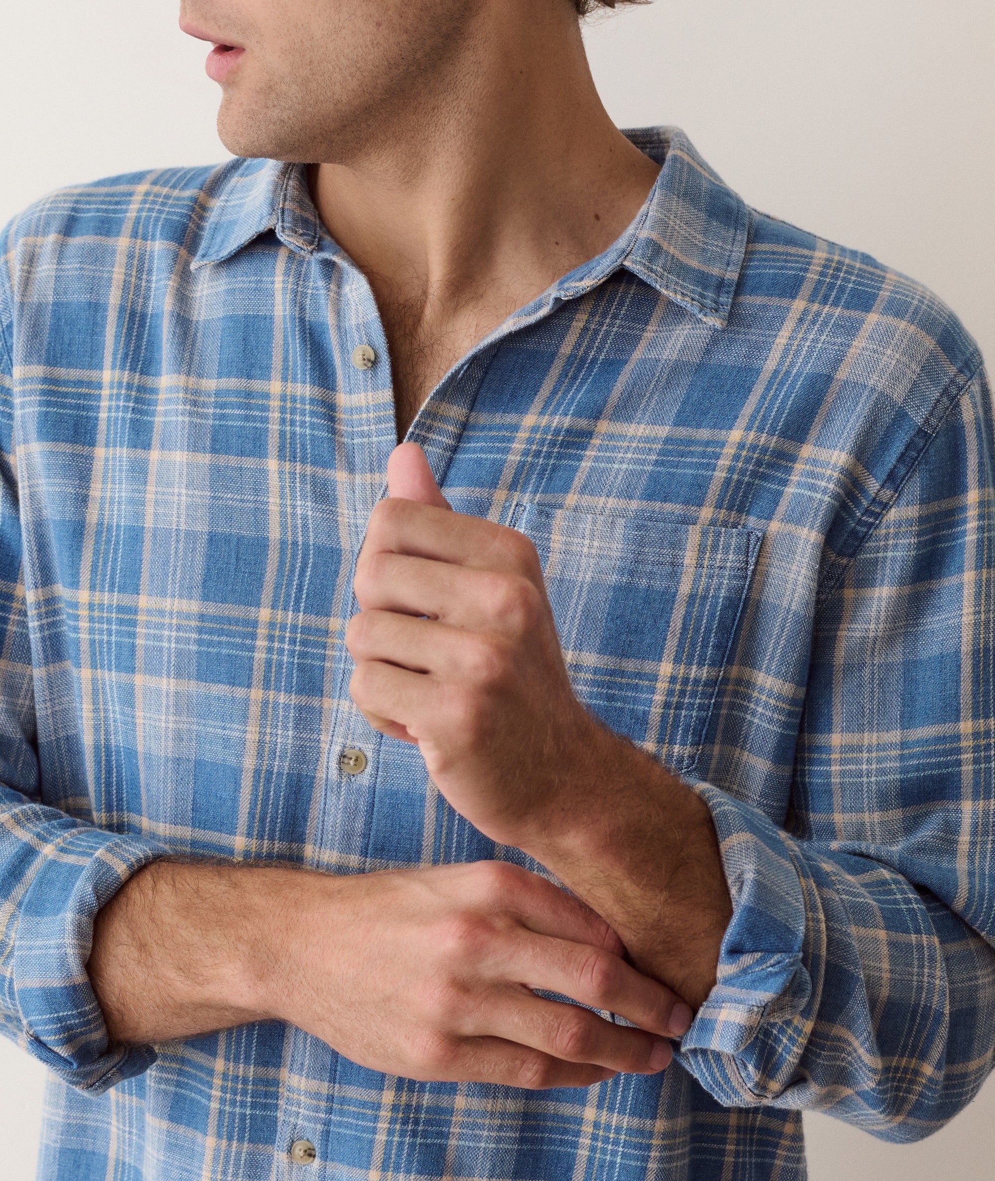 Classic Stretch Selvage Shirt - Blue Indigo Plaid