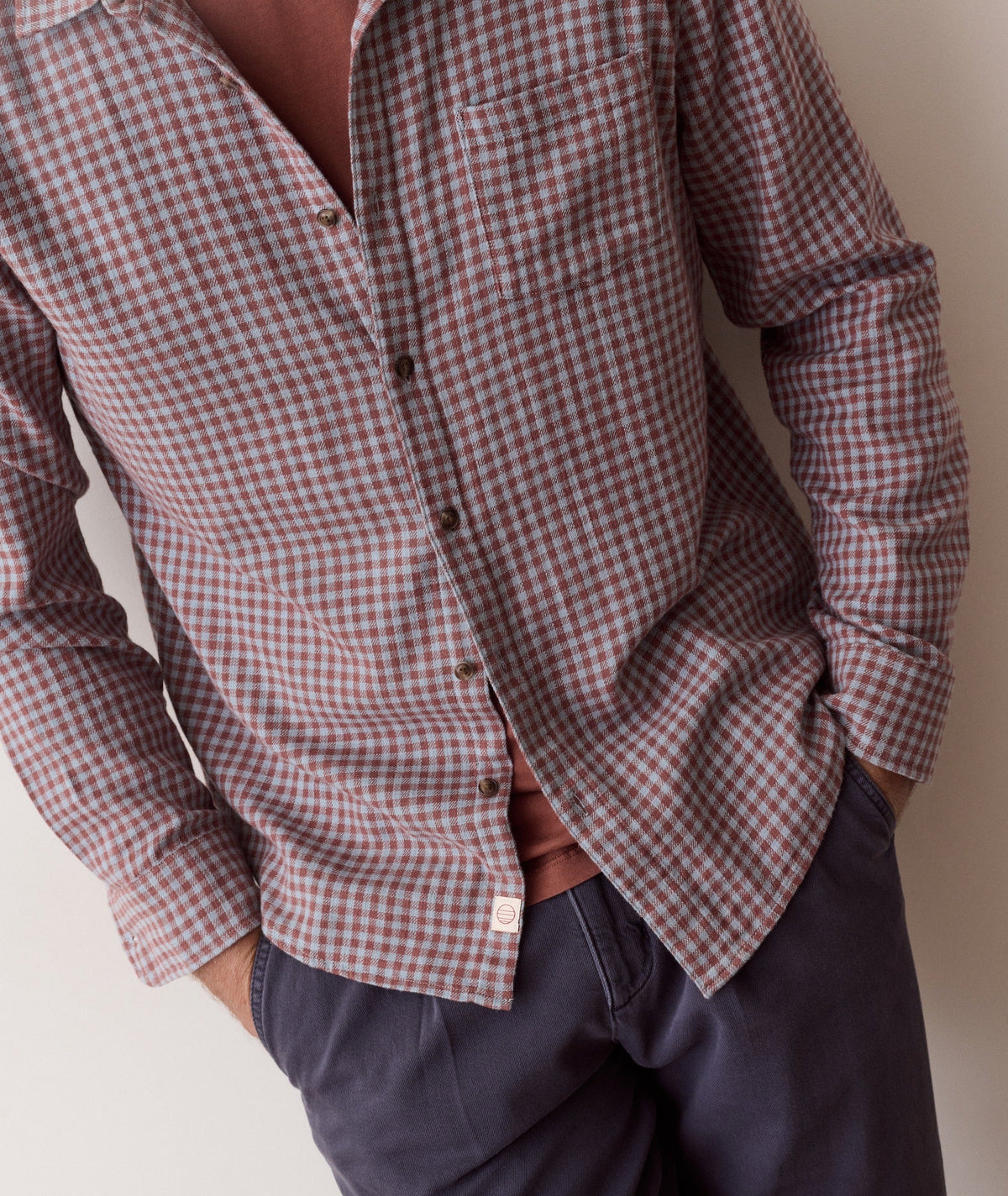 Stretch Selvage Long Sleeve Shirt - Burgundy/Blue Gingham