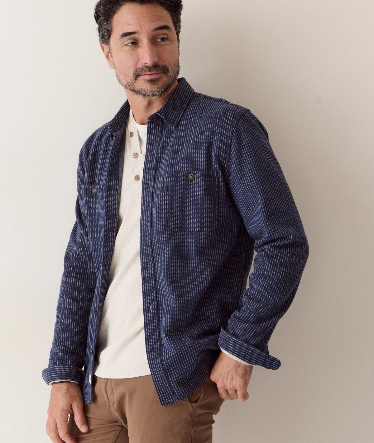 Pacifica Stretch Twill Overshirt - Navy Railroad Stripe