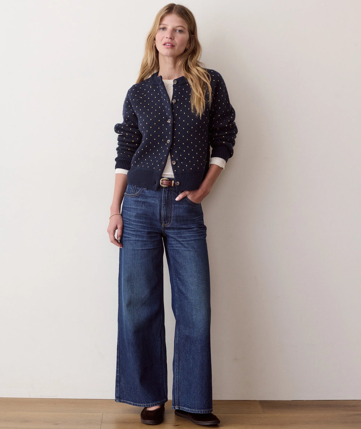 Iris Crewneck Cardigan - Navy & Gold