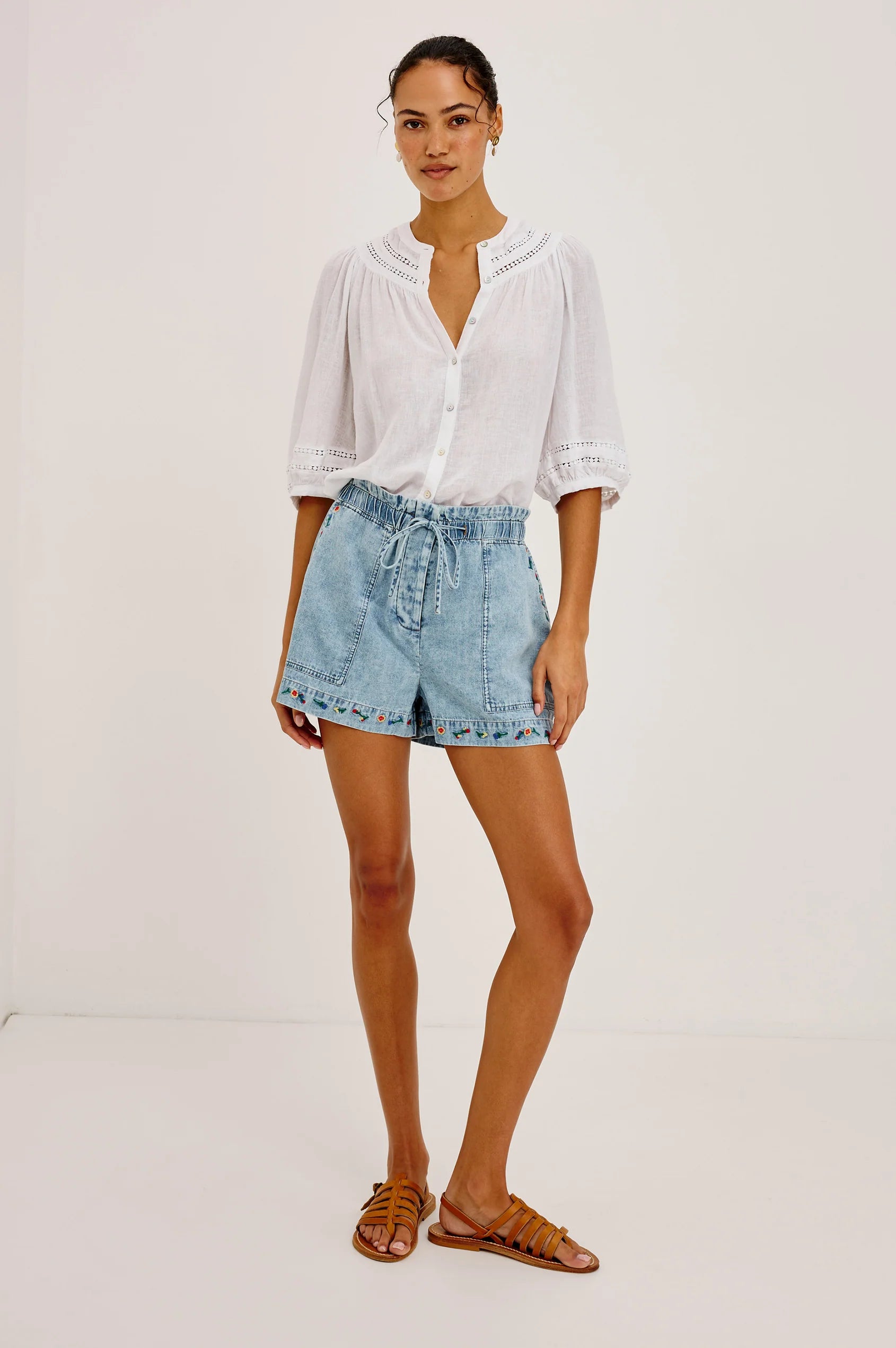 Foster Short - Faded Indigo Floral Embroidery