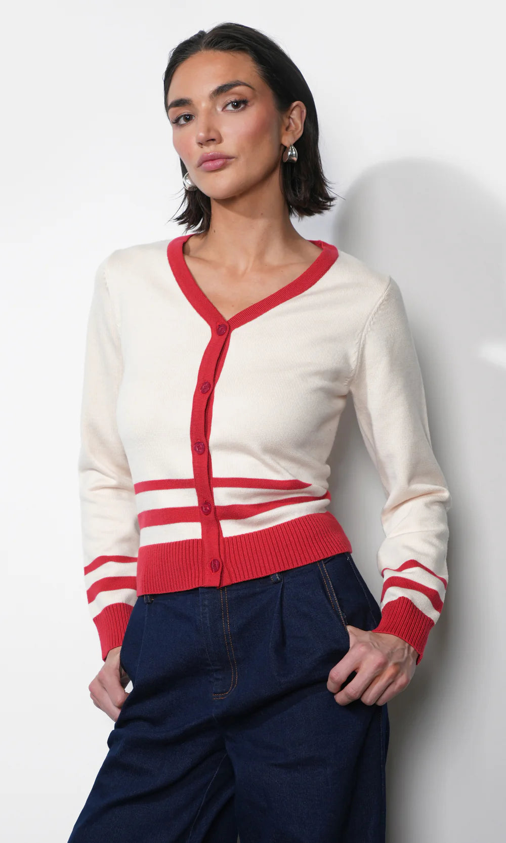 Piper Plunge Neck Stripe Button Front Knit Top - Ivory/Red