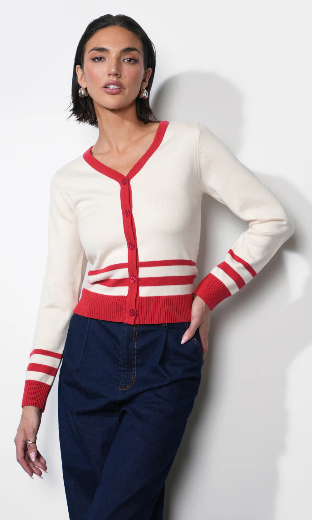 Piper Plunge Neck Stripe Button Front Knit Top - Ivory/Red