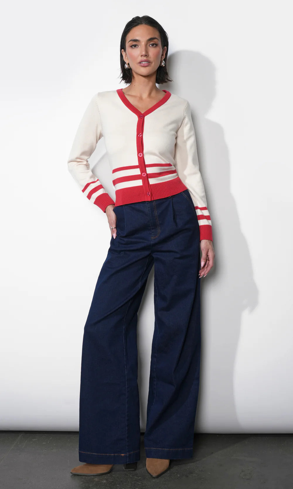 Piper Plunge Neck Stripe Button Front Knit Top - Ivory/Red