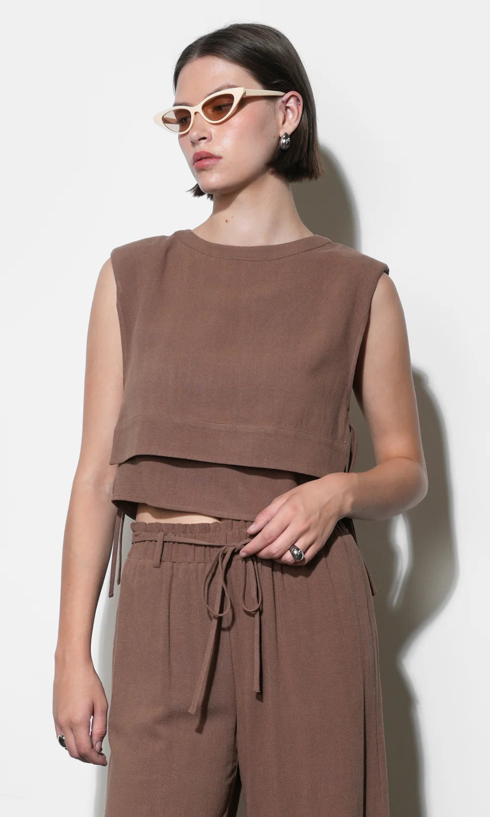Luna Double Layer Side Tie Top - Brown
