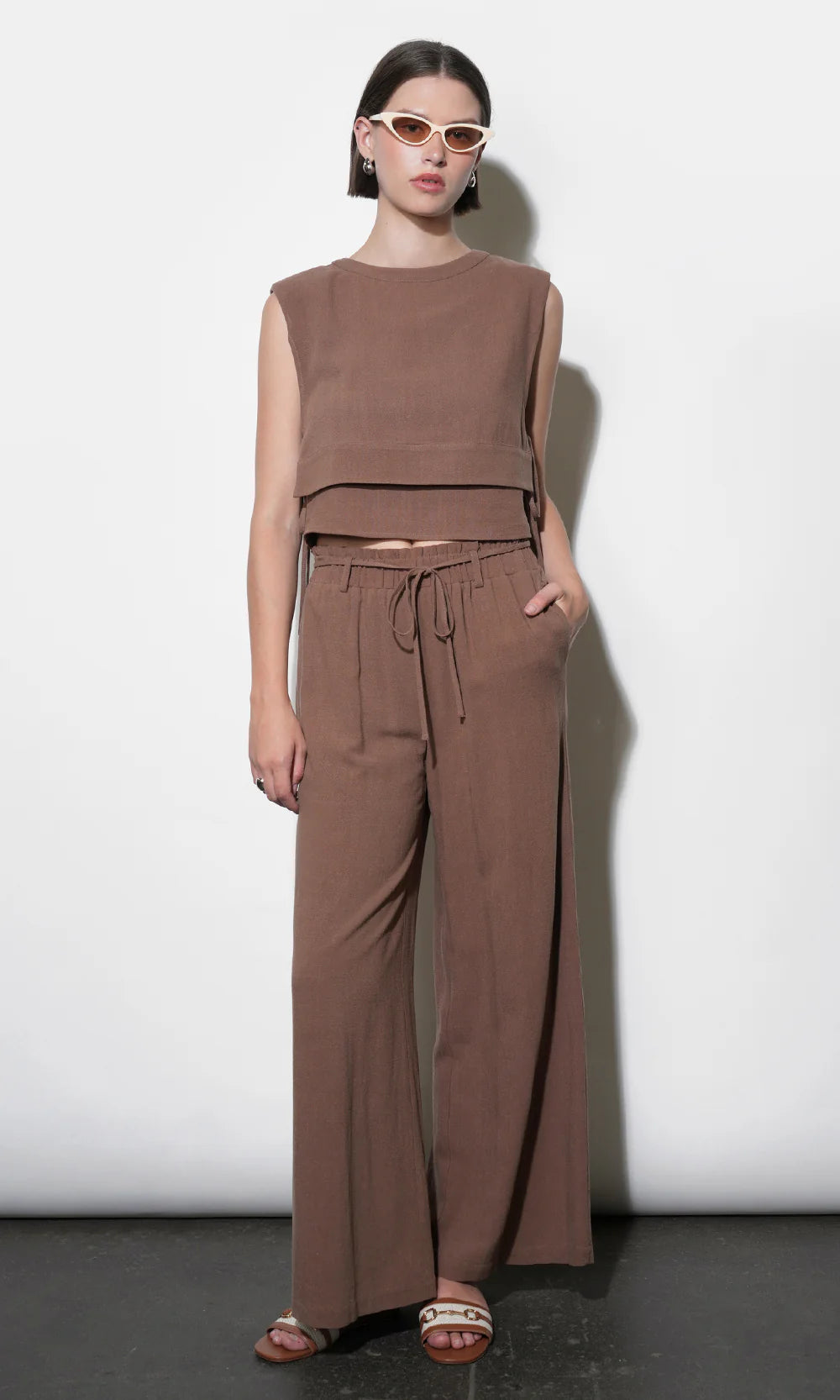 Mia Easy Wide Leg Pant with Tie Belt - Brown