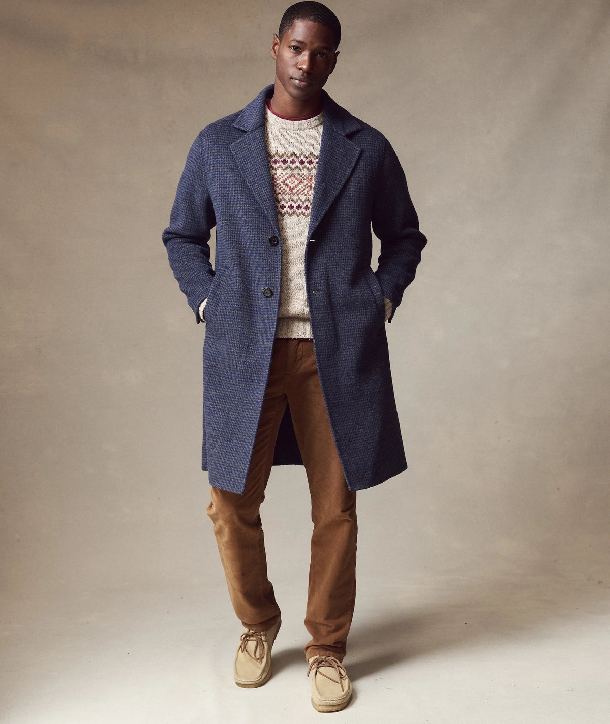 Irving Wool Longline Coat - Navy Plaid Houndstooth