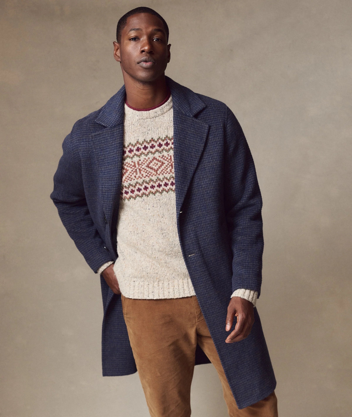 Irving Wool Longline Coat - Navy Plaid Houndstooth