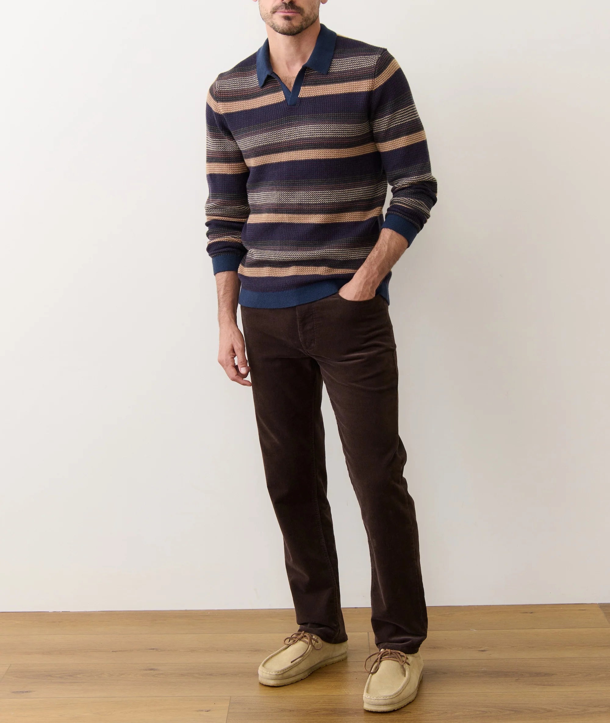 Liam Long Sleeve Sweater Polo - Warm Multi Stripe
