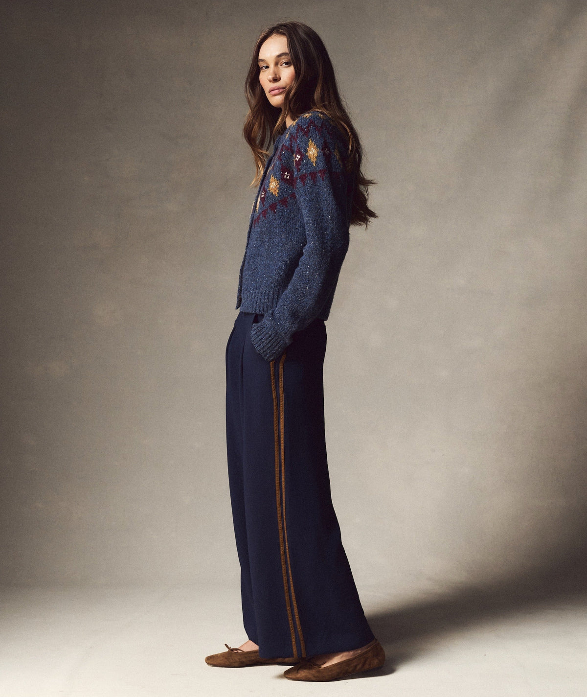 Allison Pleated Wide Leg Trouser - Navy/Bronze