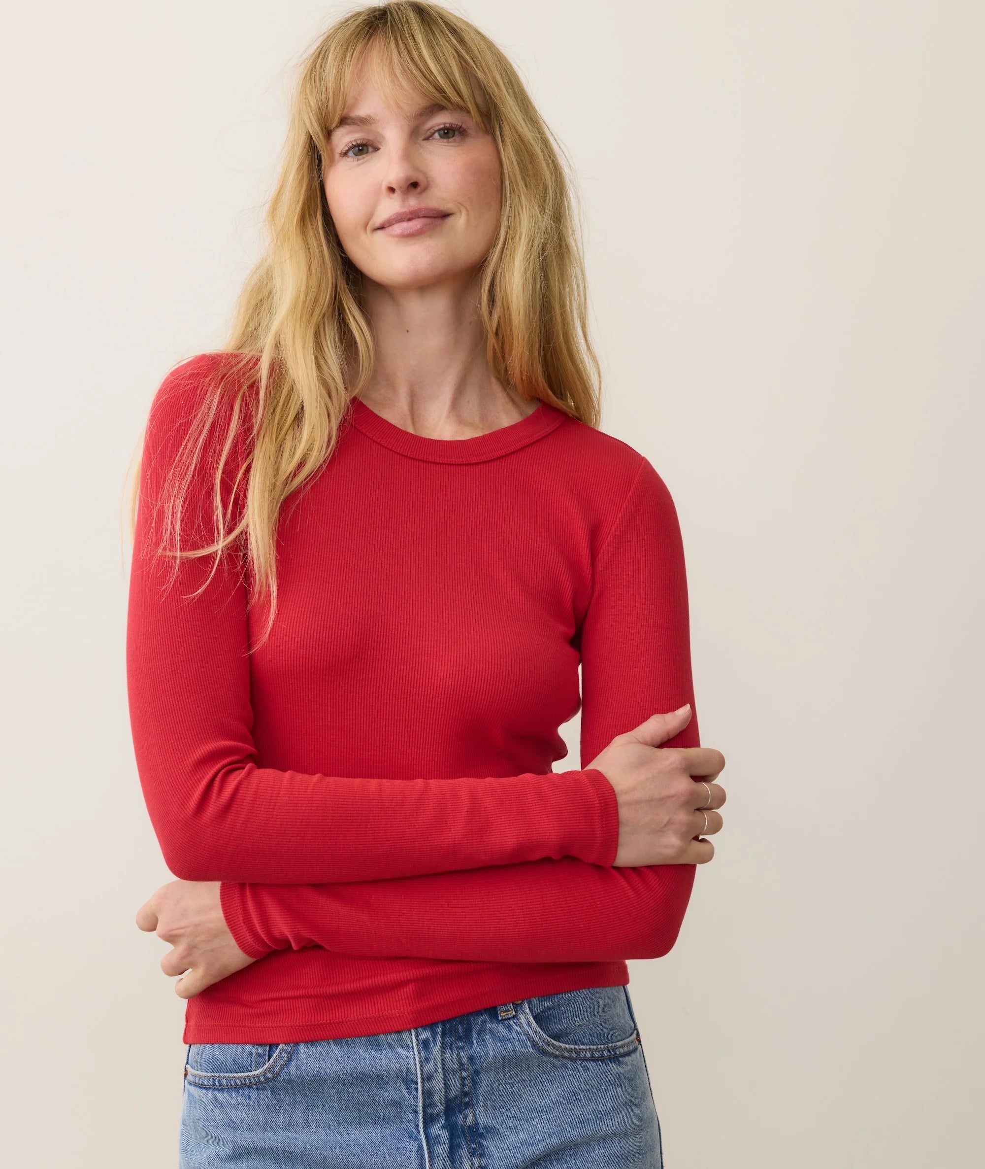 Lexi Rib Sun-In Longsleeve Crew Tee - Cherry Red
