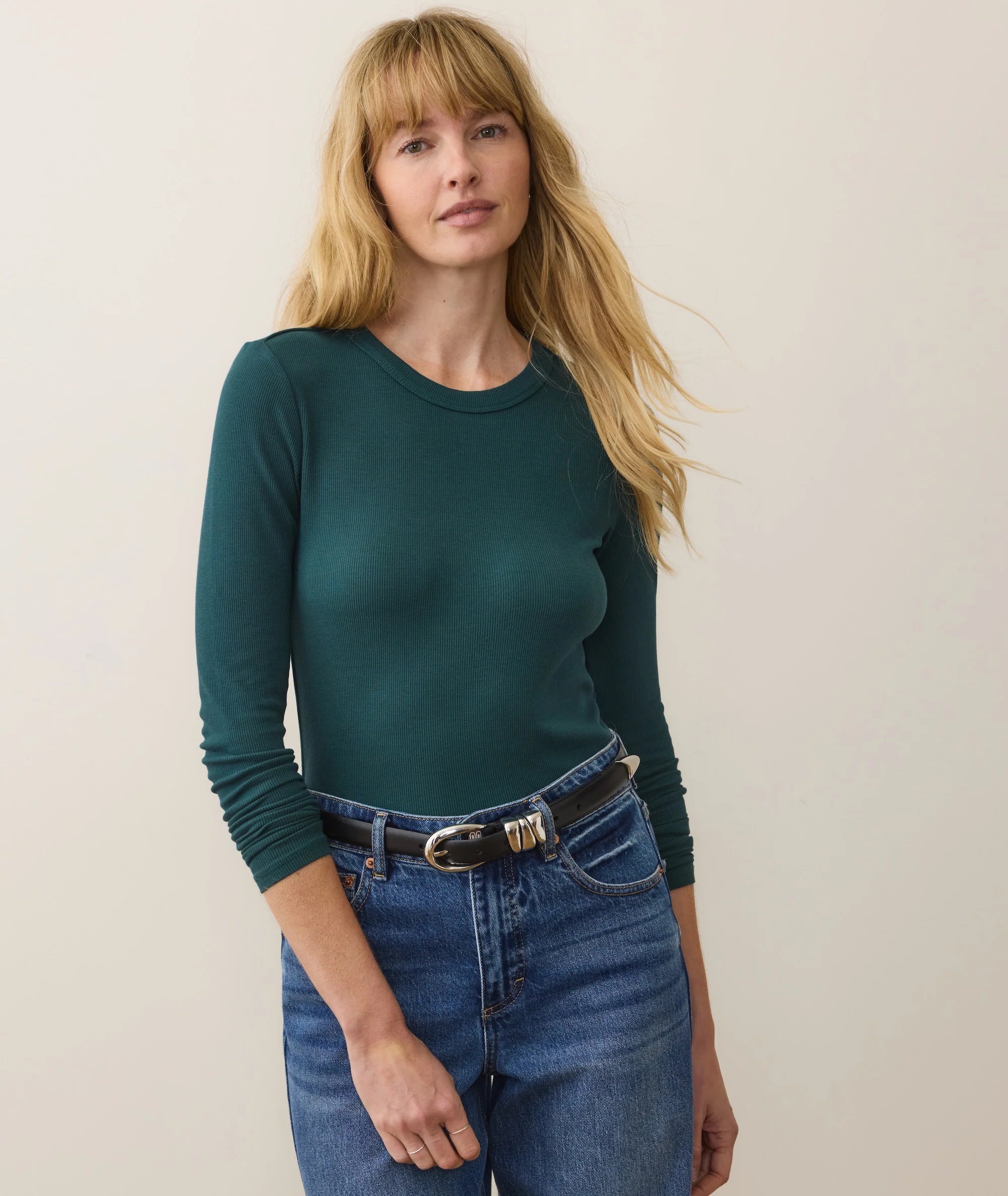 Lexi Rib Sun-In Longsleeve Crew Tee - Emerald