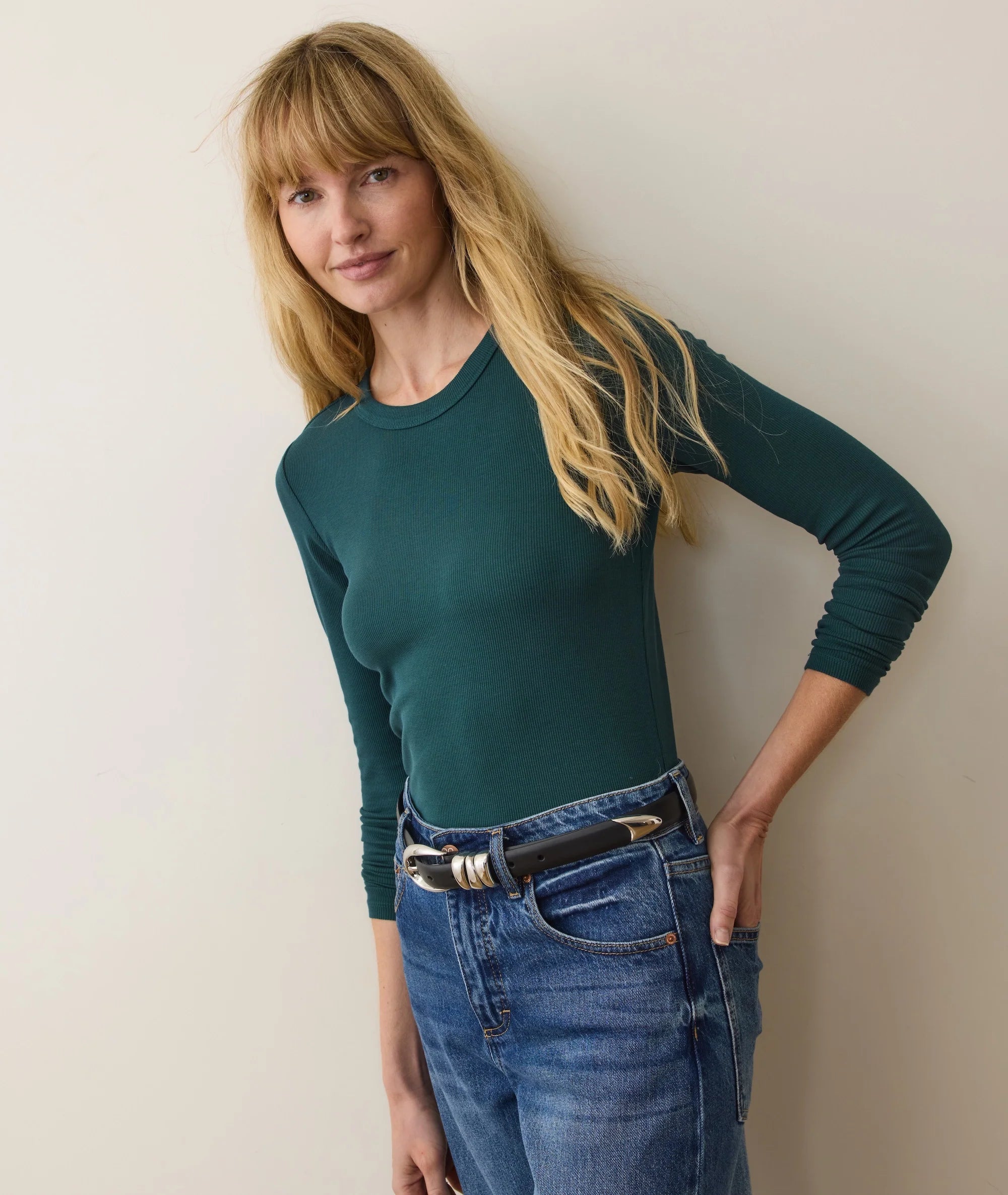 Lexi Rib Sun-In Longsleeve Crew Tee - Emerald