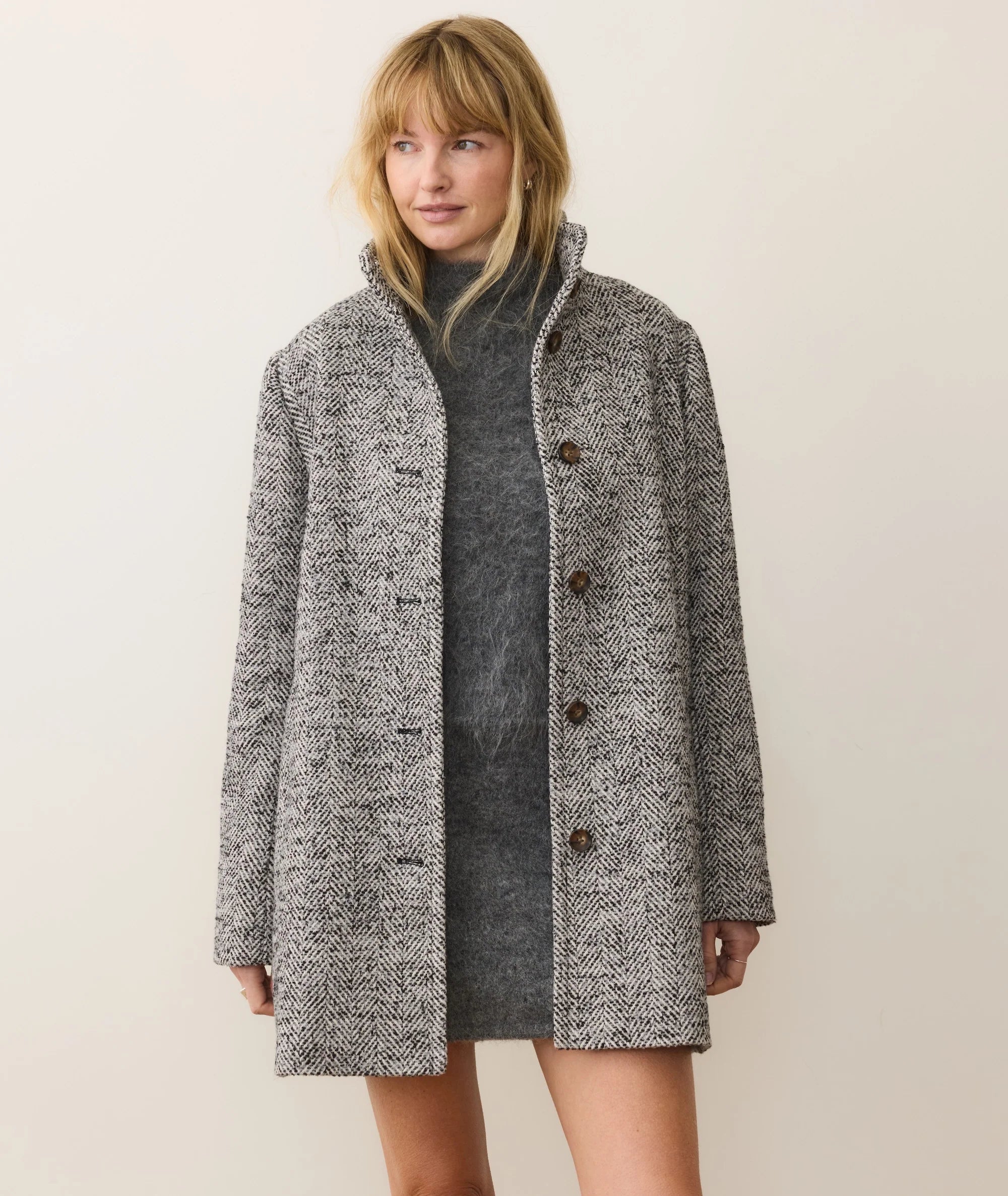 Stephanie Cocoon Coat - Black and White Herringbone