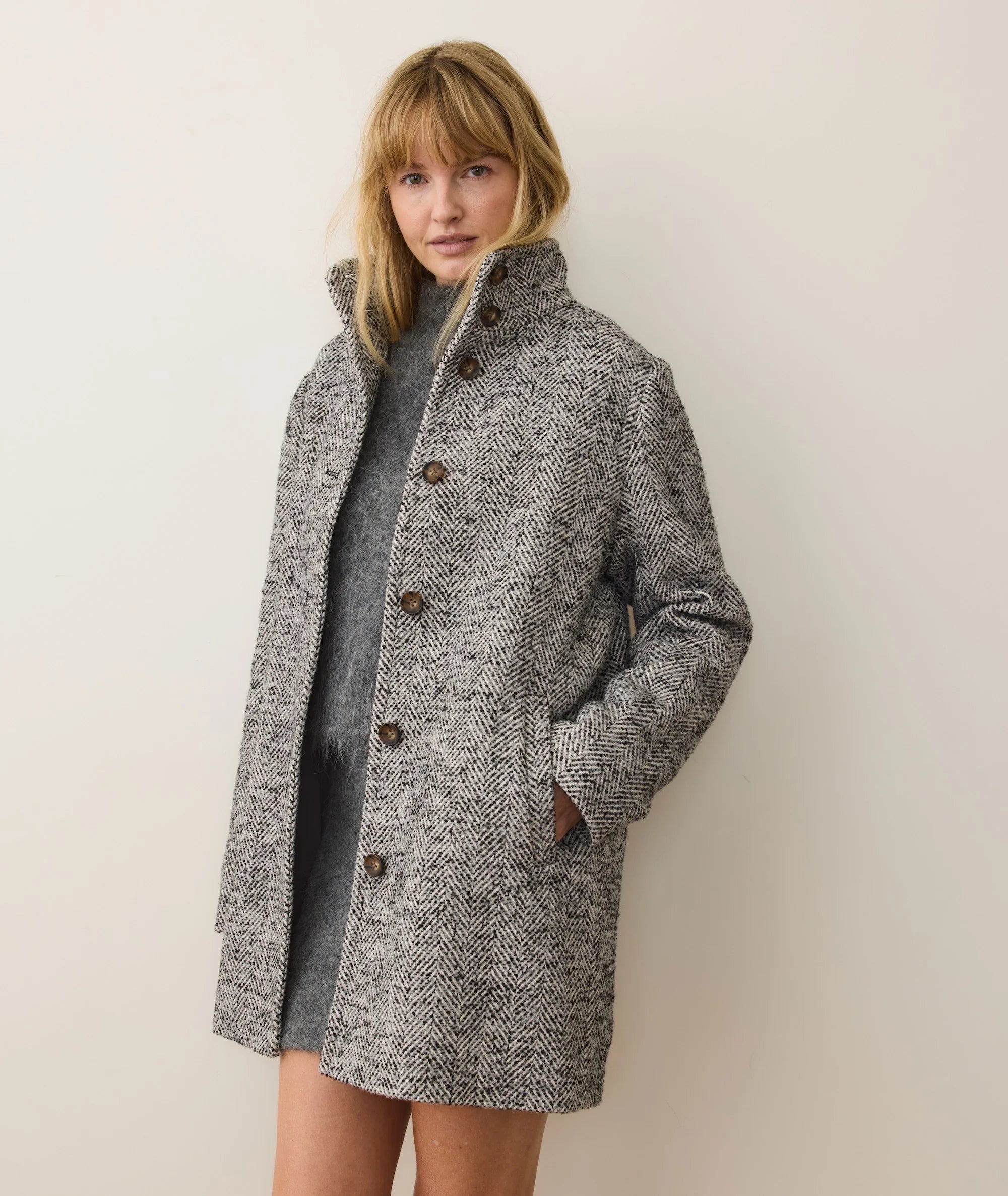 Stephanie Cocoon Coat - Black and White Herringbone