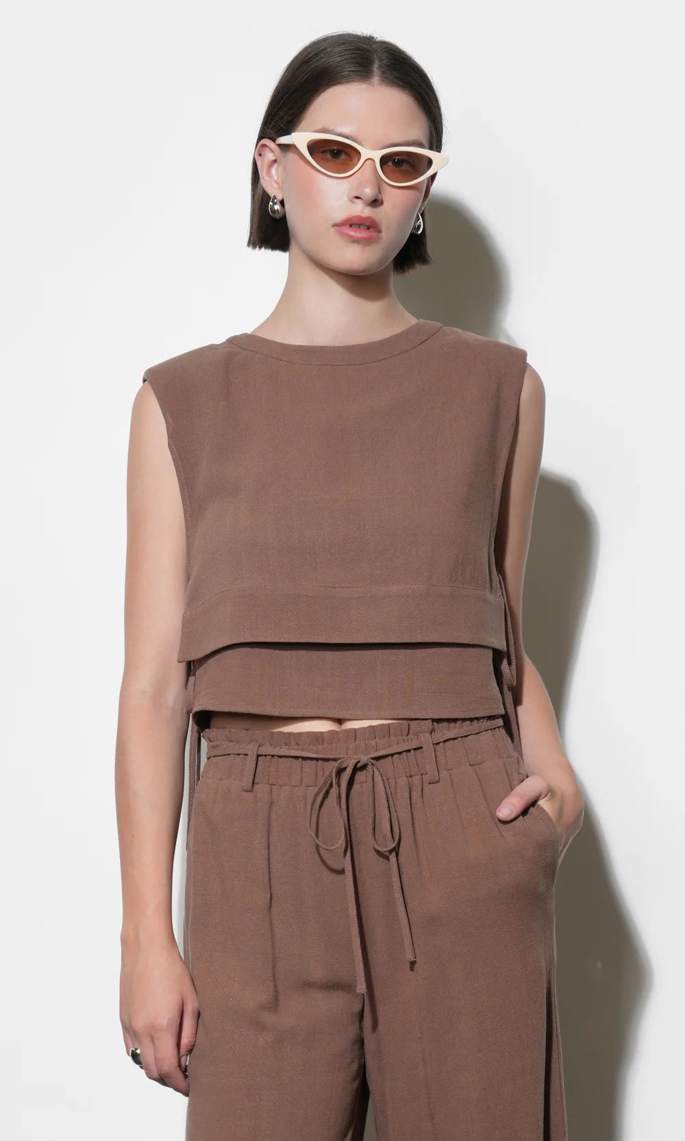Luna Double Layer Side Tie Top - Brown