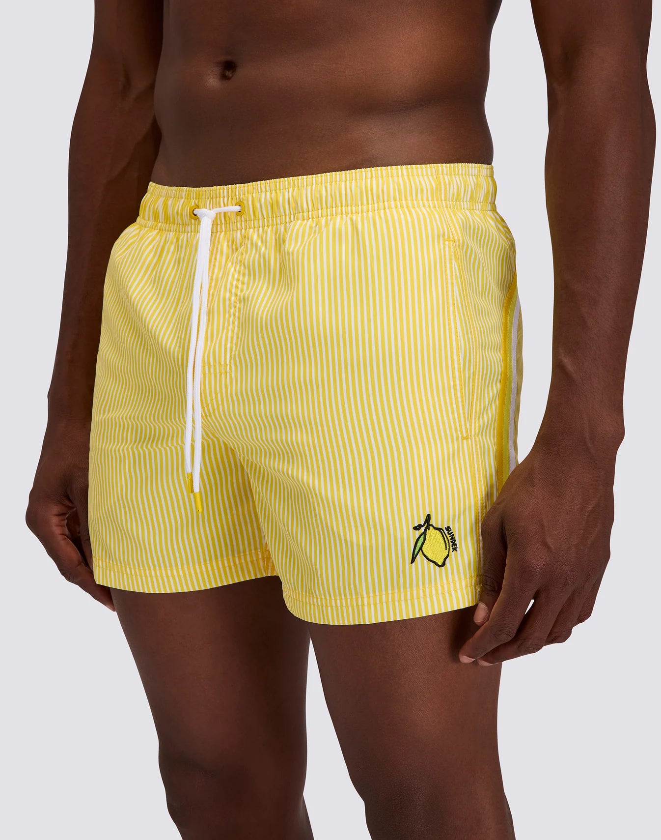 Short-Length Swimwear with Elasticated Waist Repreve® Recycled Polyester with Juicy Stripe Print and Fruit Embroidery - Summer Yellow