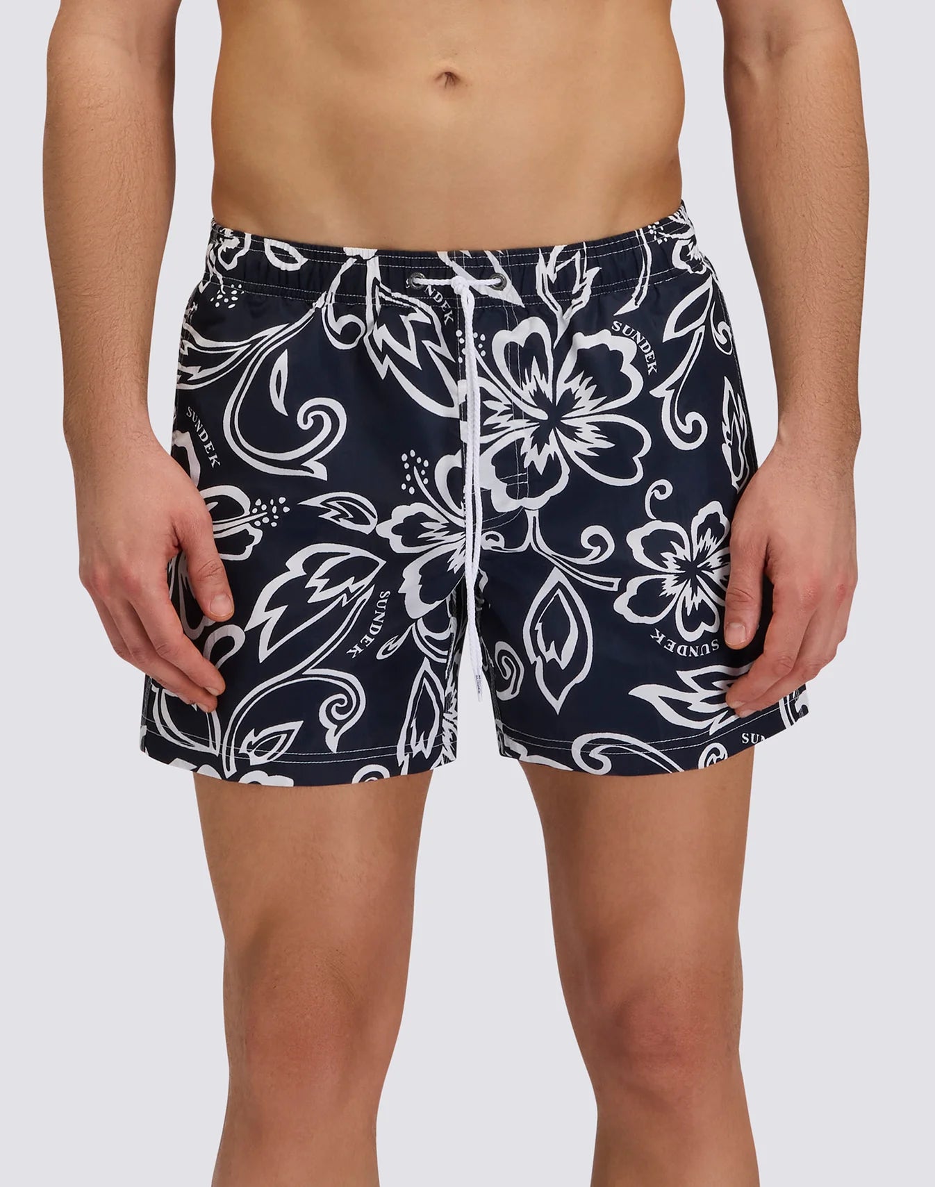 Men's Short Swimsuit with Elastic Waist and Archive Hibiscus Print SK23 - Vintage Dark Navy