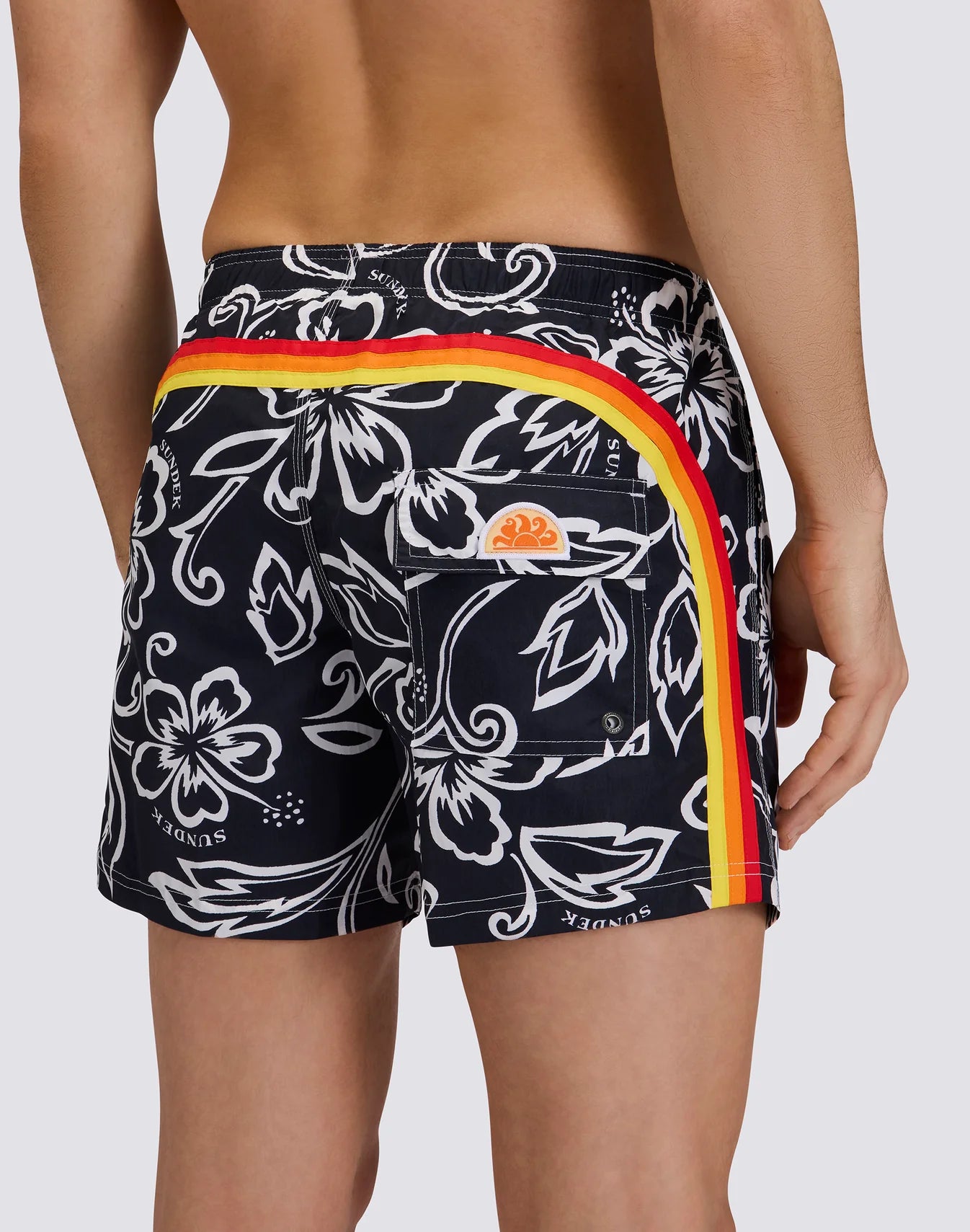 Men's Short Swimsuit with Elastic Waist and Archive Hibiscus Print SK23 - Vintage Dark Navy