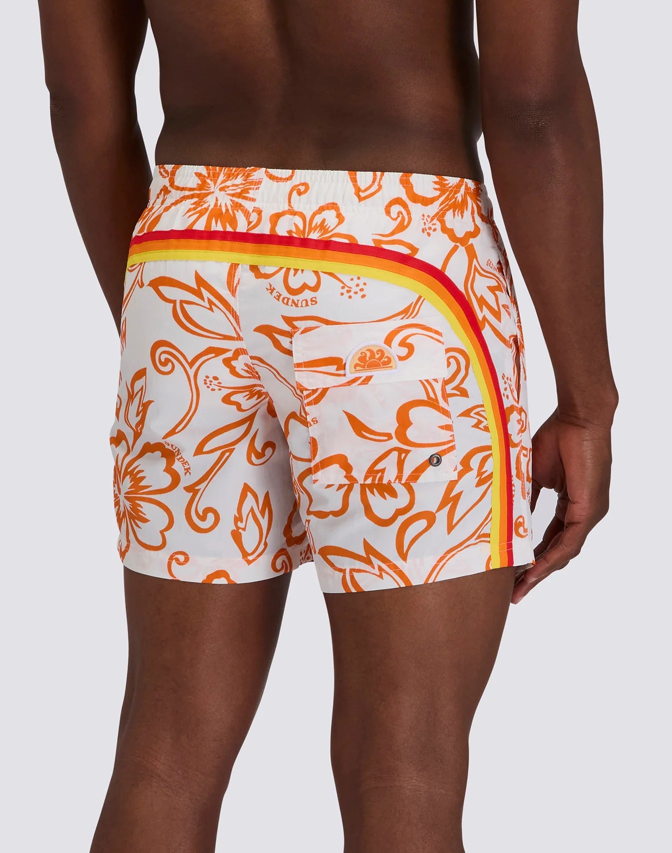 Men's Short Swimsuit with Elastic Waist and Archive Hibiscus Print SK23 - Vintage White 2