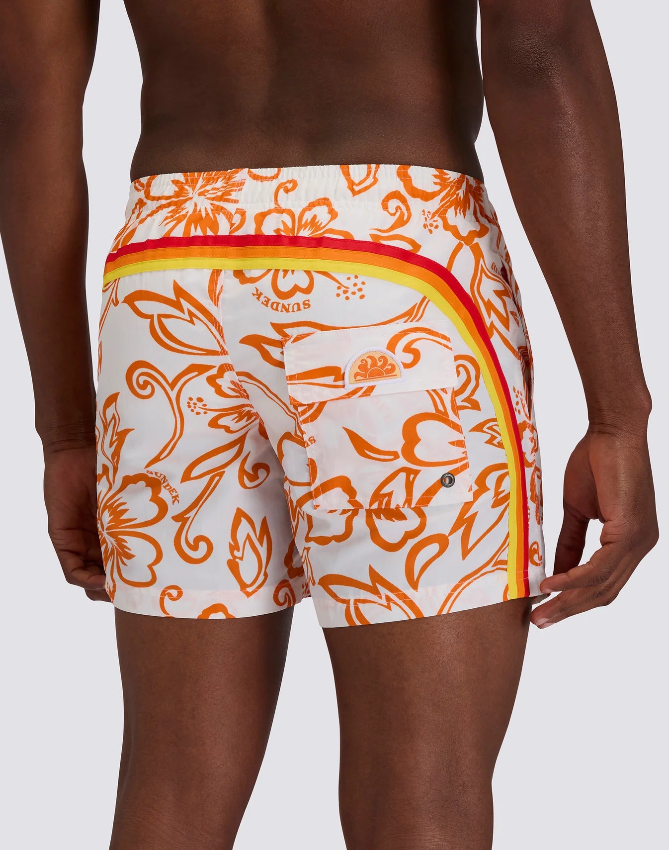 Men's Short Swimsuit with Elastic Waist and Archive Hibiscus Print SK23 - Vintage White 2