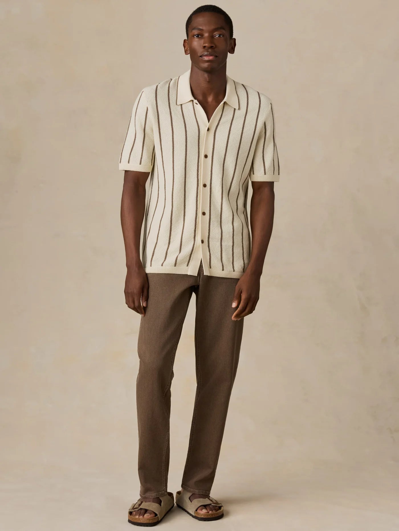 Short-Sleeve Sweater Shirt - Cream Walnut Stripe