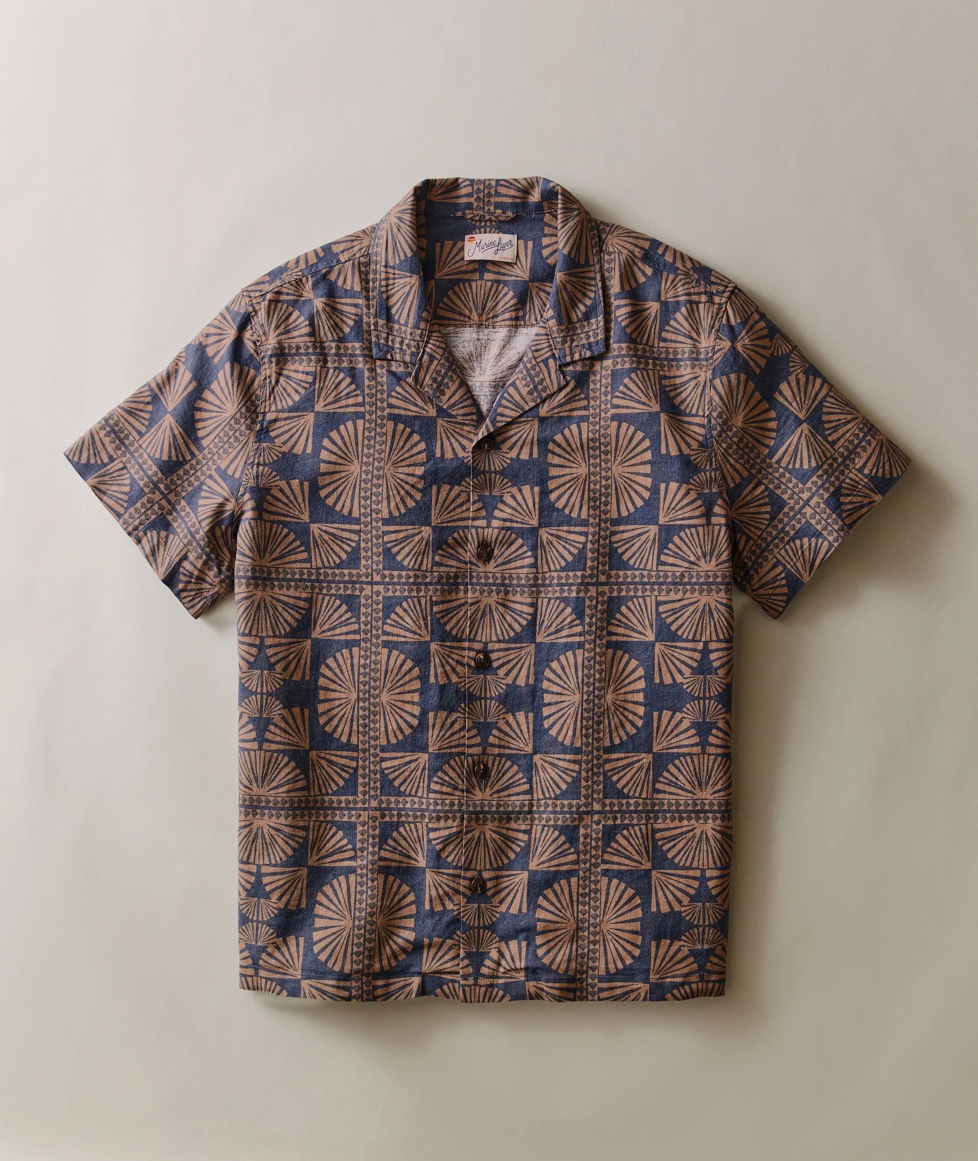 Pablo Tencel Linen Resort Shirt - Brown/Navy Geo Fan Print