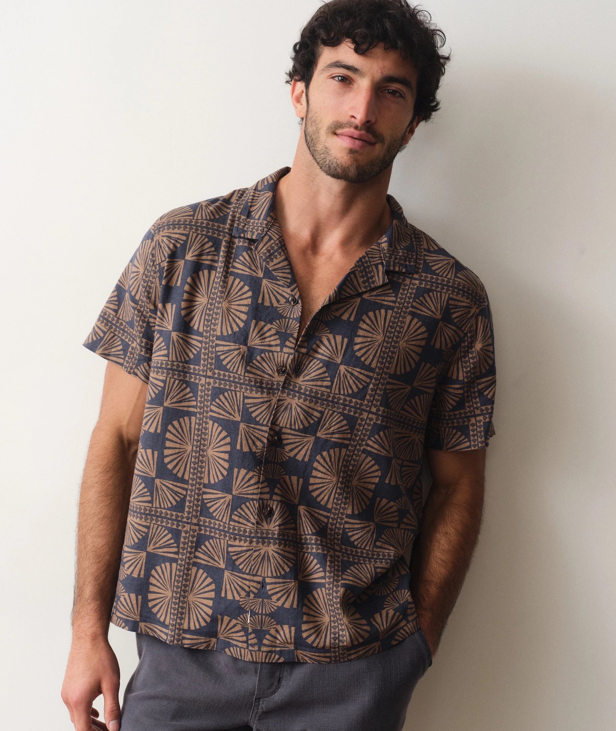 Pablo Tencel Linen Resort Shirt - Brown/Navy Geo Fan Print