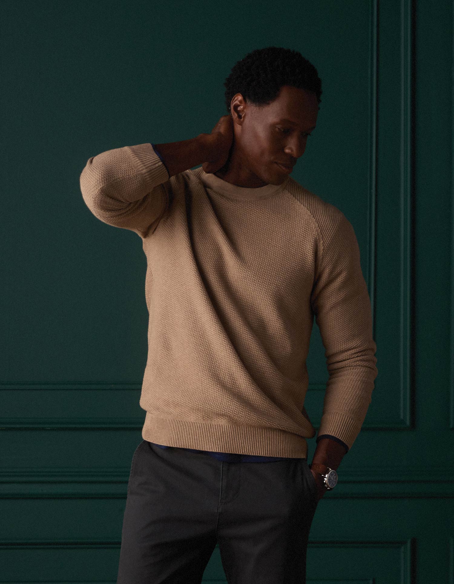 COOLMAX® Textured Crewneck Sweater in Dark Taupe