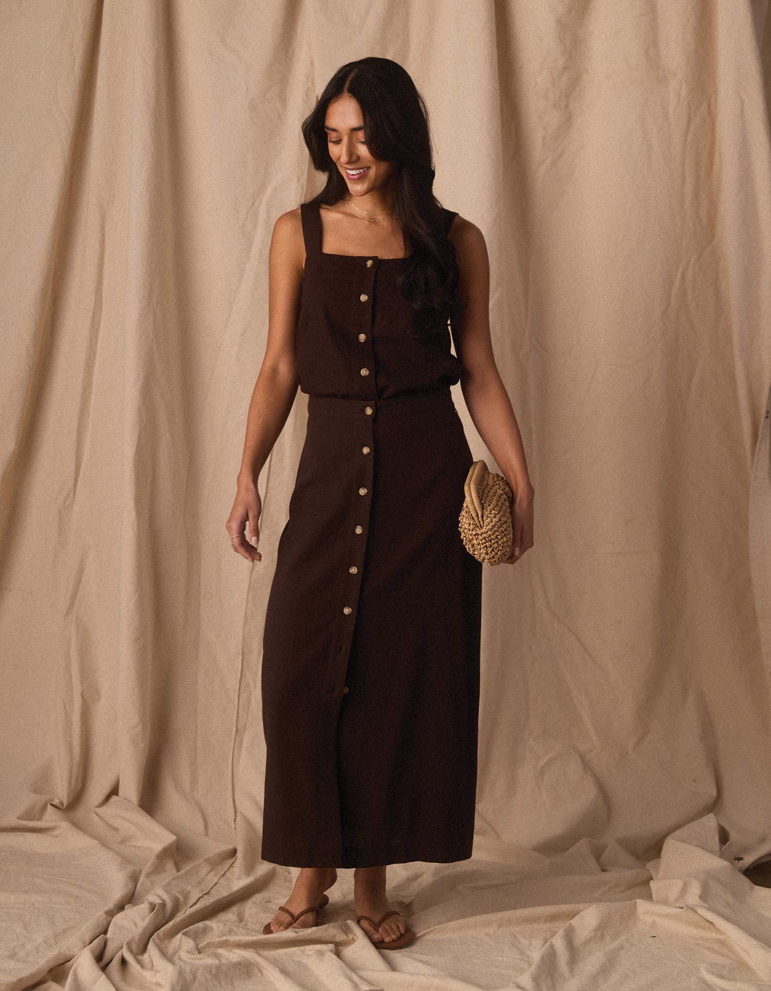 Leukos Linen-Blend Button Front Skirt - Umber