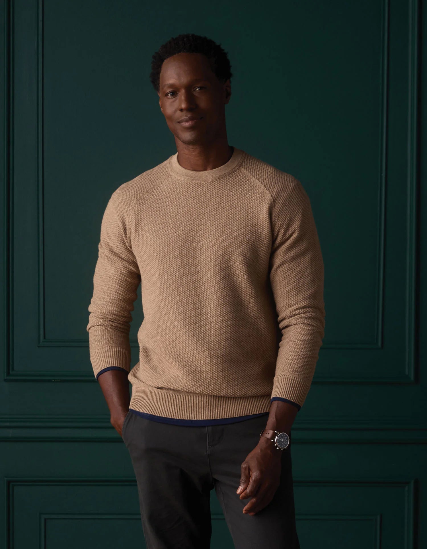 COOLMAX® Textured Crewneck Sweater in Dark Taupe