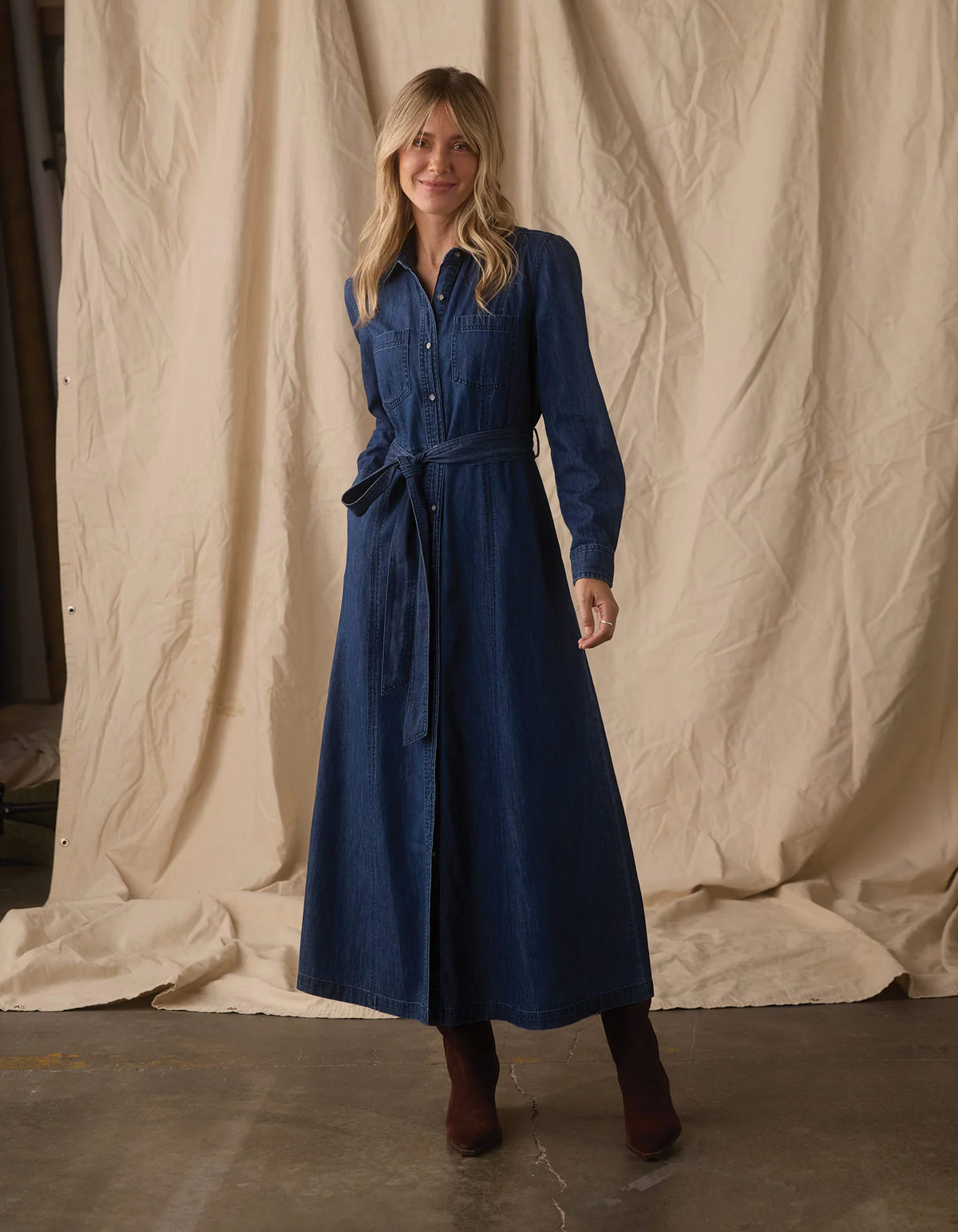 Cotton Denim Shirt Dress - Dark Wash