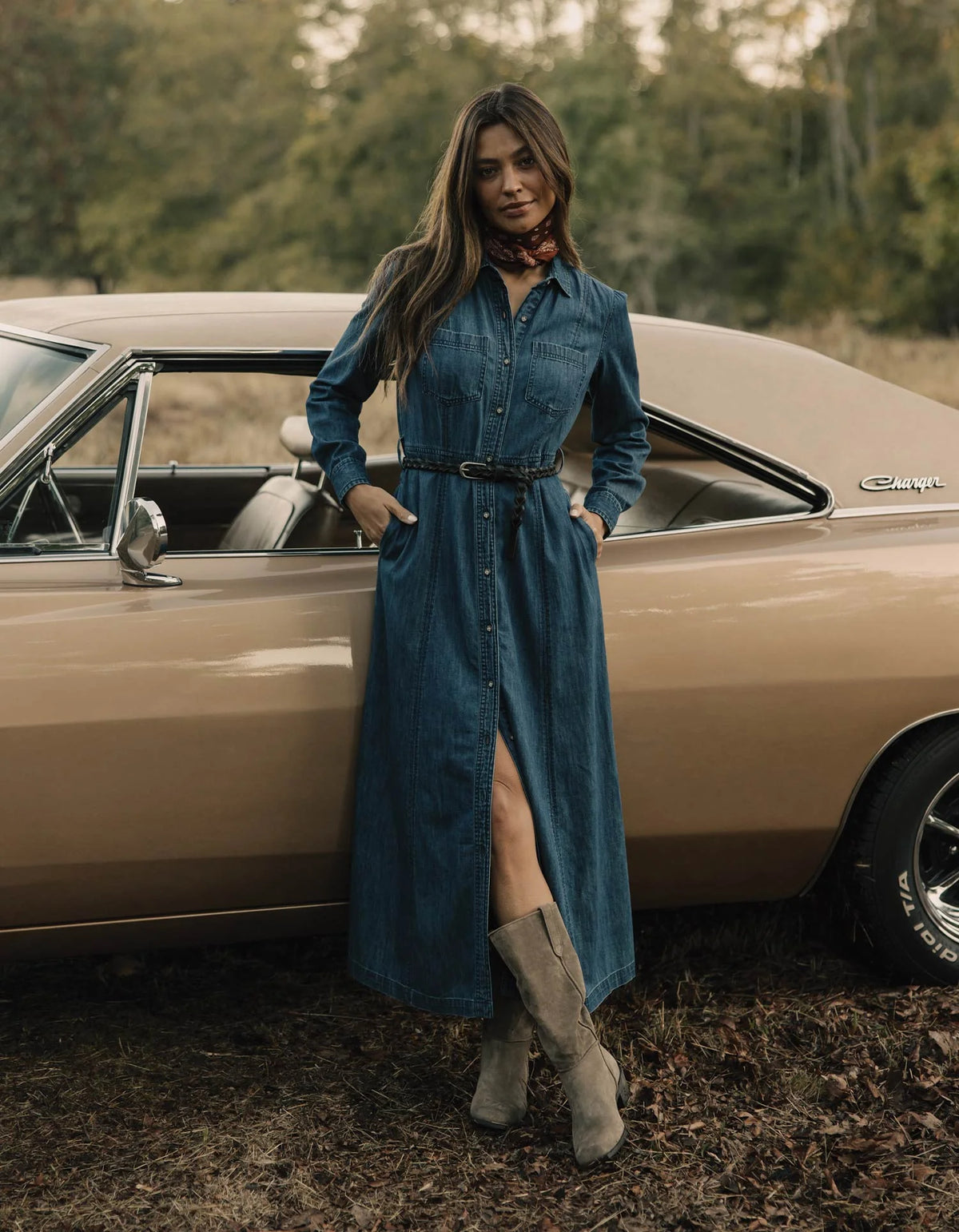 Cotton Denim Shirt Dress - Dark Wash