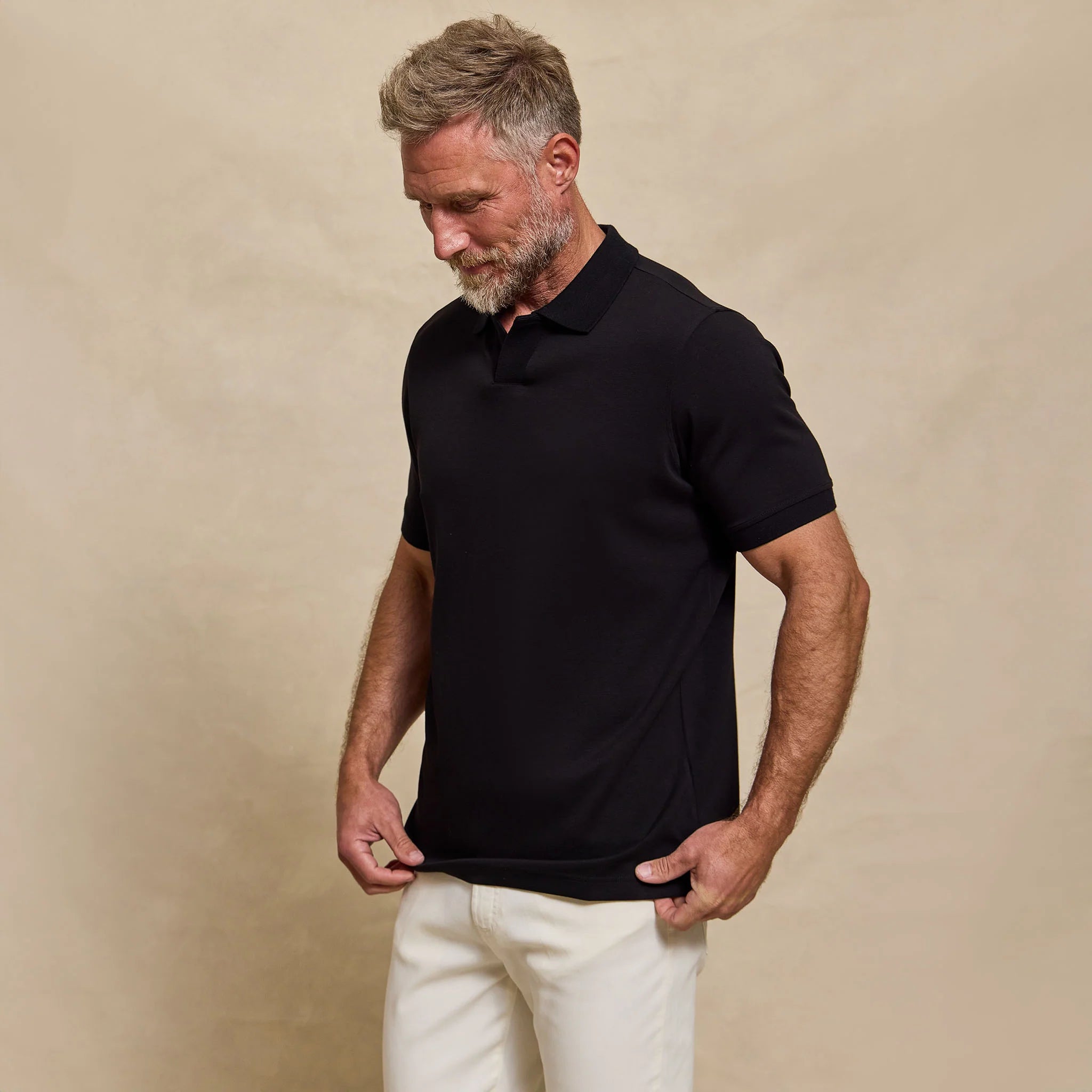The Yates - Sand Washed Double Knit SS Polo - Black