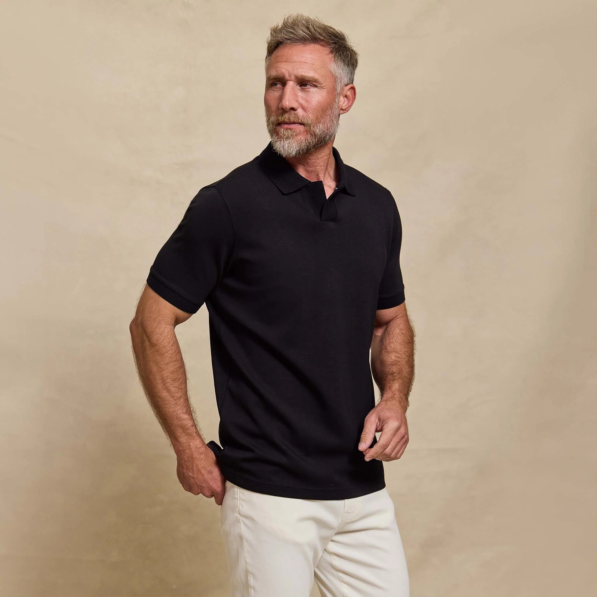 The Yates - Sand Washed Double Knit SS Polo - Black