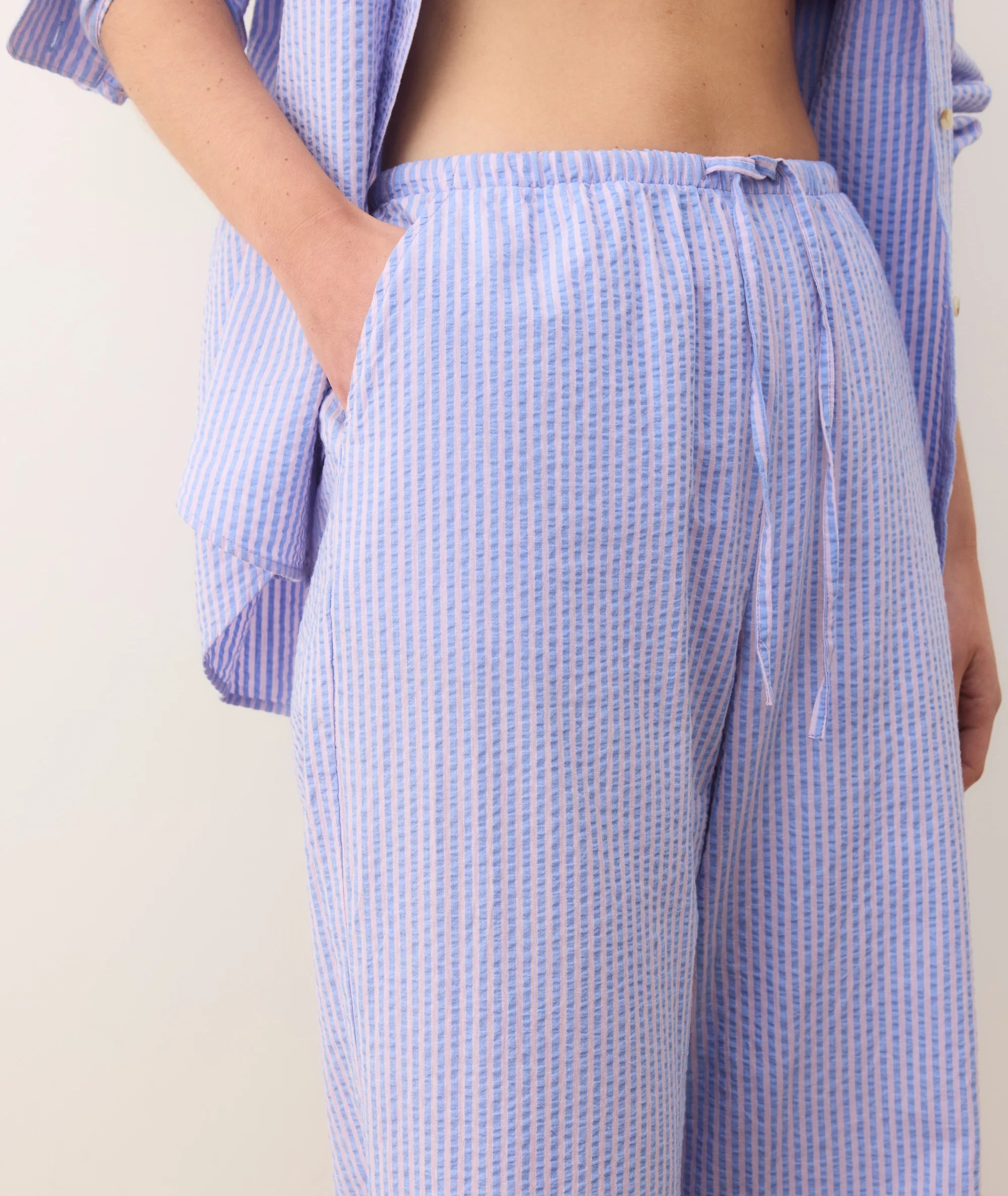 Seersucker Drawstring Wide Leg Pant