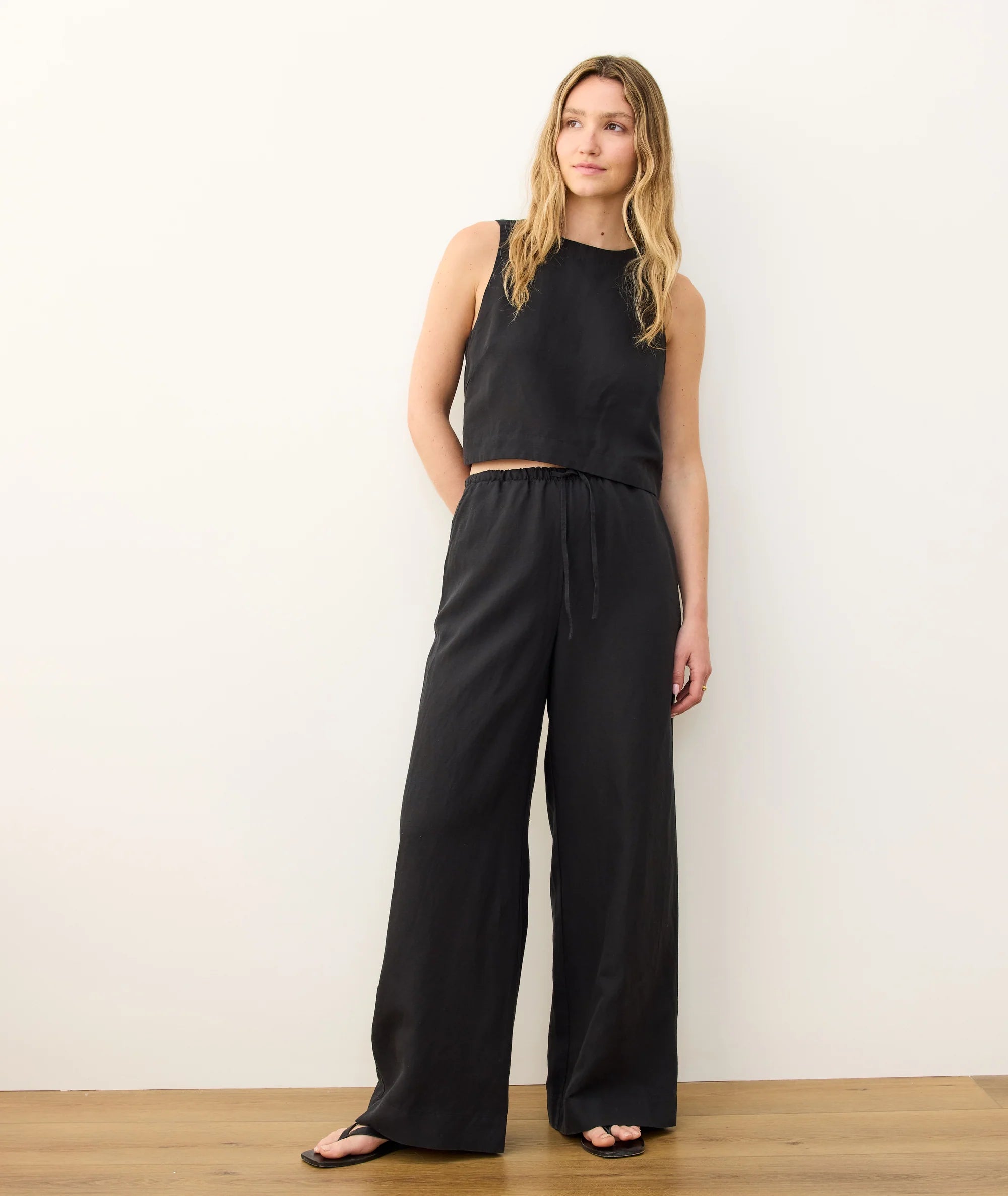 Linen Drawstring Wide Leg Pant