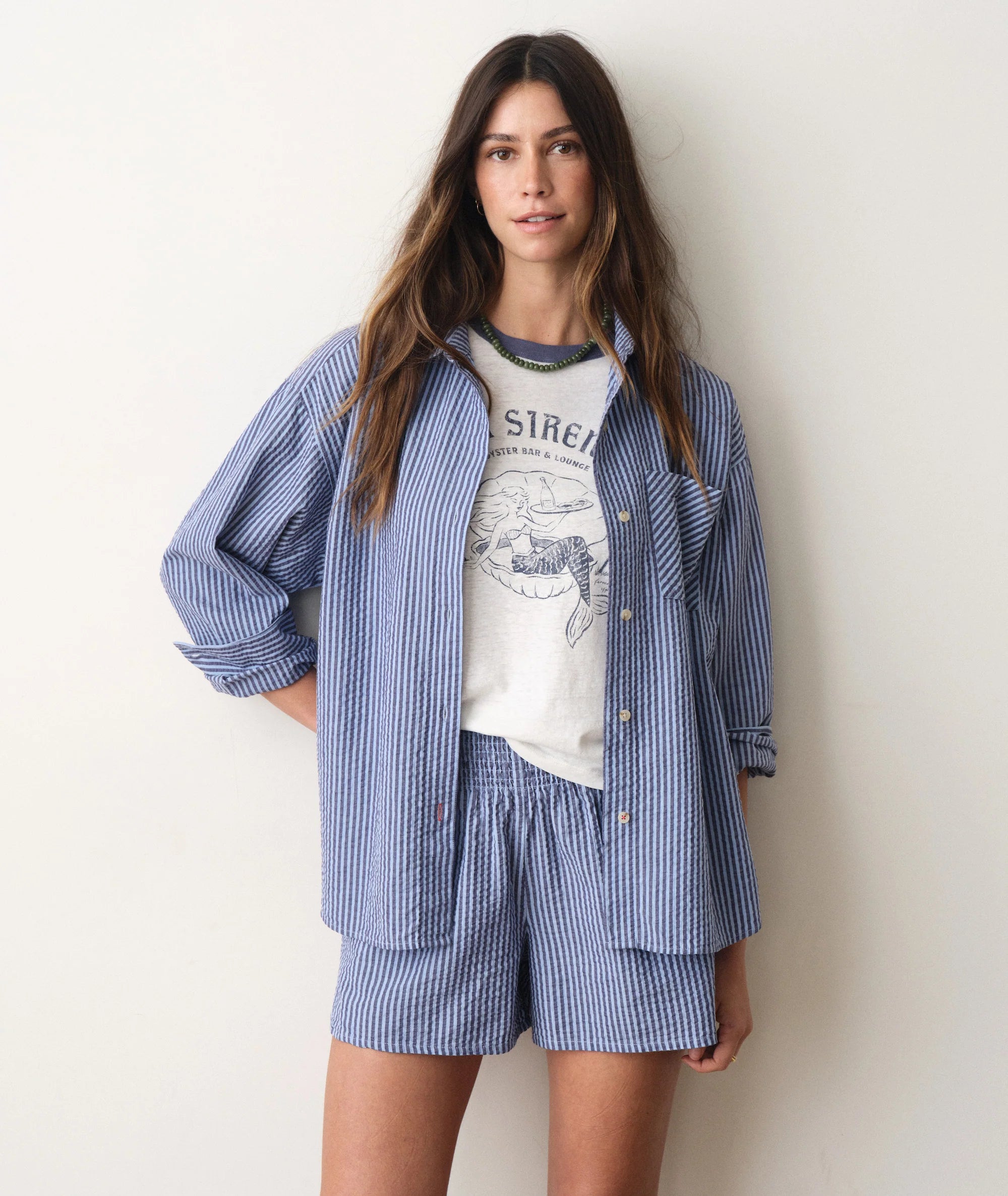 Gracey Oversized Seersucker Shirt - Bay Blue Stripe
