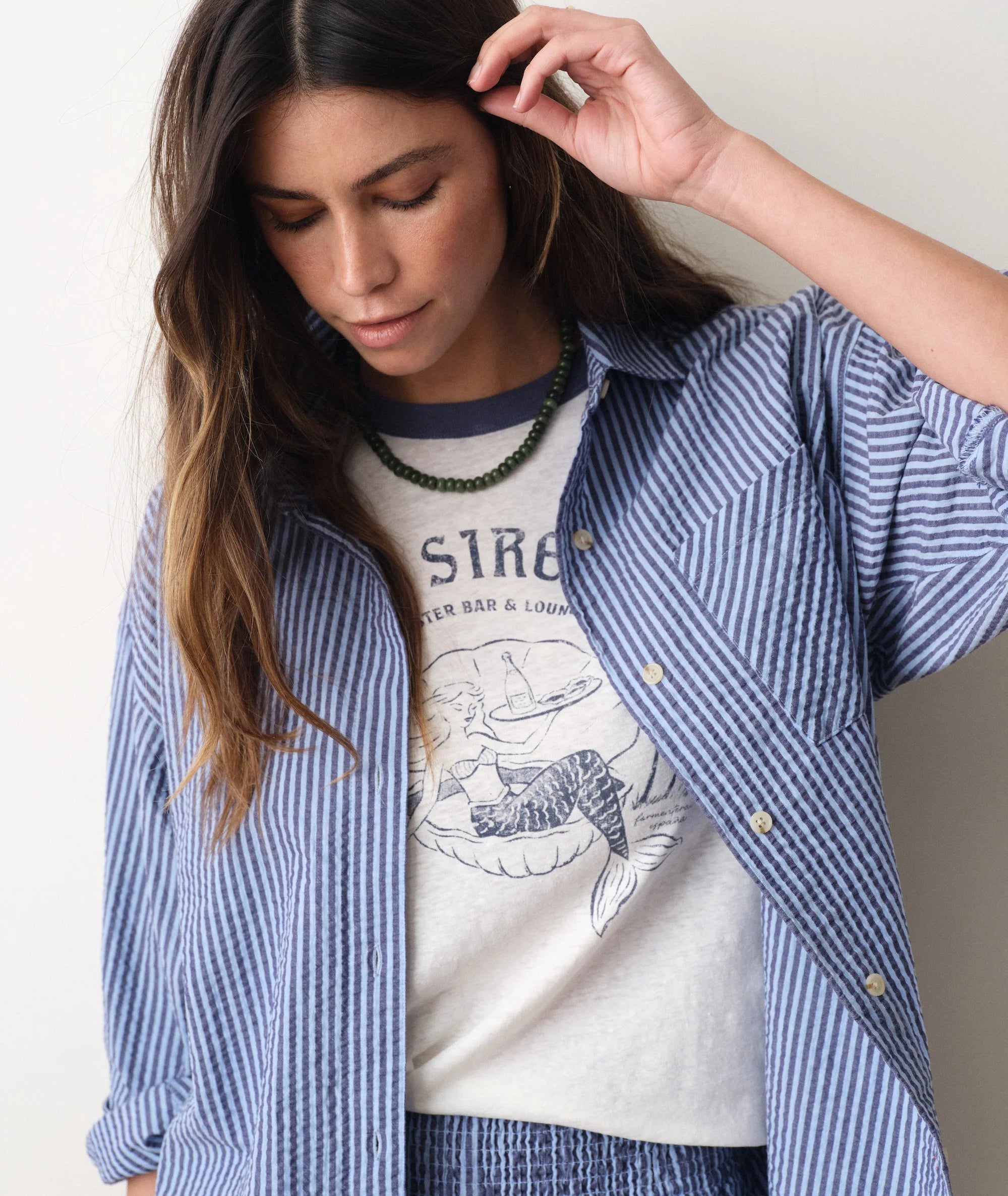 Gracey Oversized Seersucker Shirt - Bay Blue Stripe